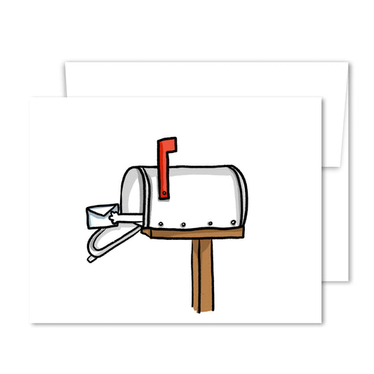 Mailbox greeting card with playful illustration of red-flag mailbox and envelope, perfect for everyday notes.