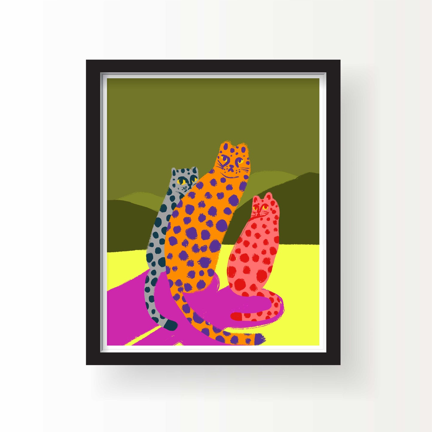 Boldly colored illustration of three spotted cats in orange, red, and blue sitting on a vivid yellow and green background with bright pink shadows, 8x10 art print