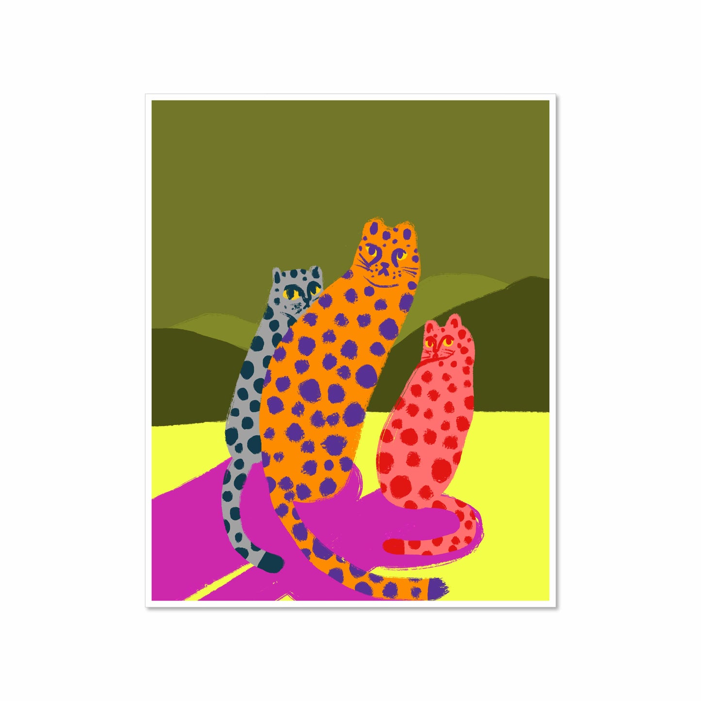 Boldly colored illustration of three spotted cats in orange, red, and blue sitting on a vivid yellow and green background with bright pink shadows, 8x10 art print