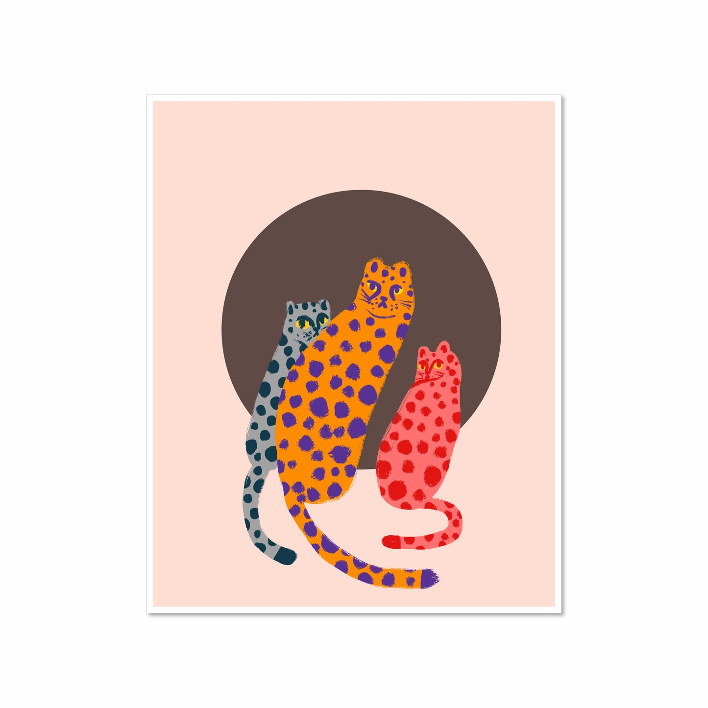 Illustration of three cheetahs in bright blue, orange, and red spotted patterns sitting in front of a brown circle on a pale pink background.