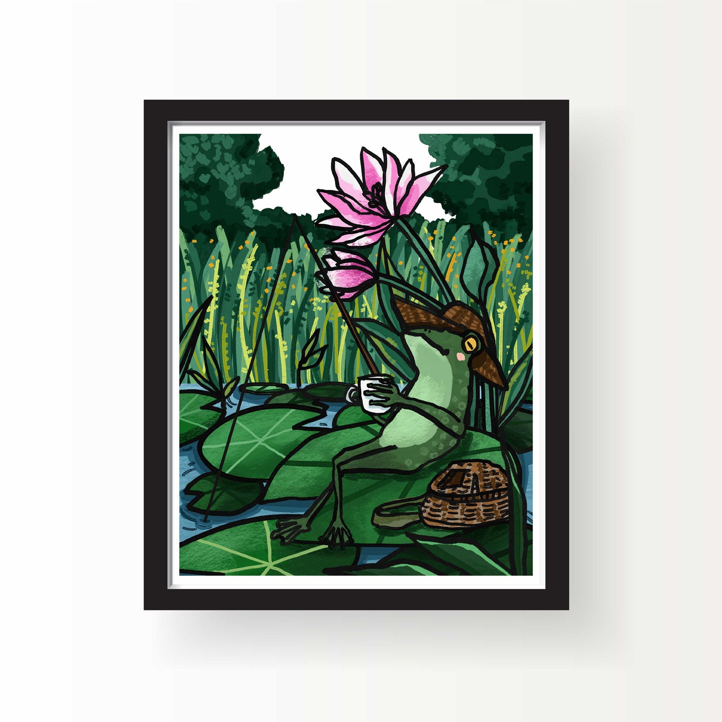 Illustrated frog in a sun hat sipping from a cup while lounging on a lily pad with a picnic basket, lotus flowers, and tall grasses, 8x10 art print by Miss Johnny Squirrel