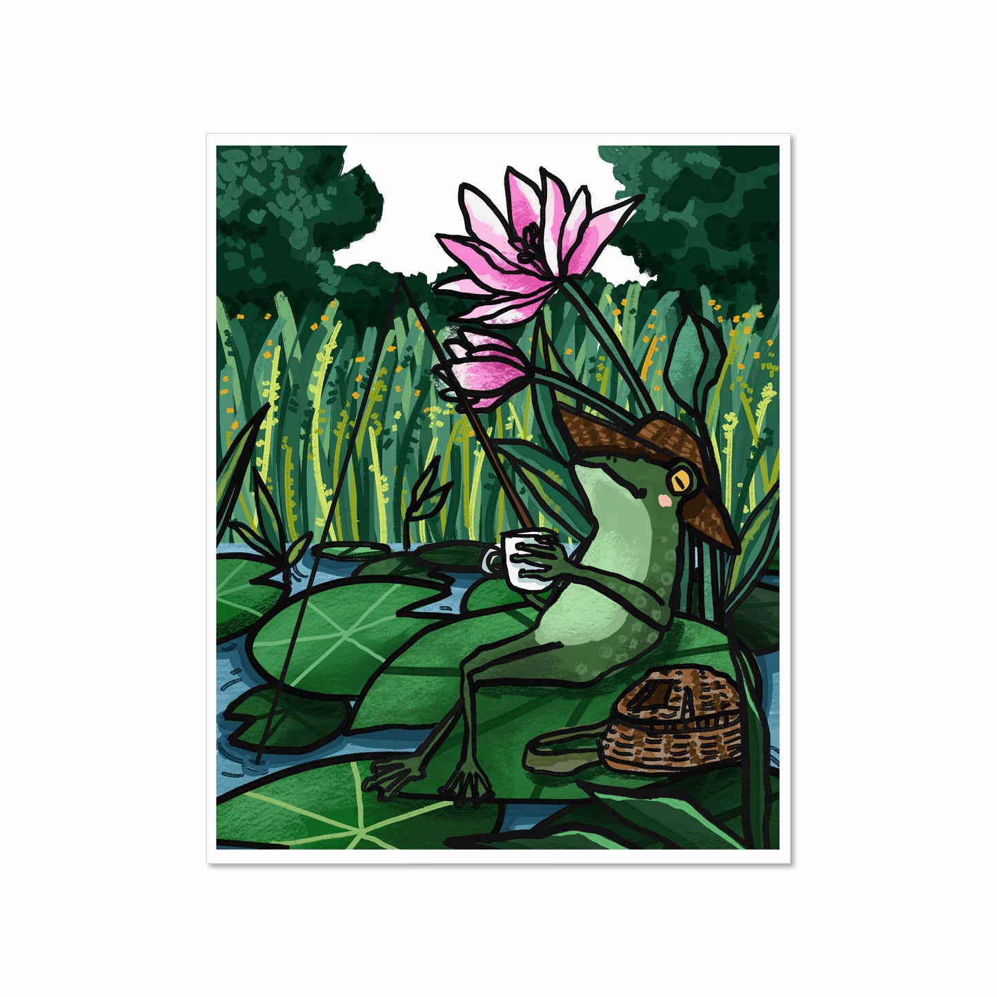 Illustrated frog in a sun hat sipping from a cup while lounging on a lily pad with a picnic basket, lotus flowers, and tall grasses, 8x10 art print by Miss Johnny Squirrel