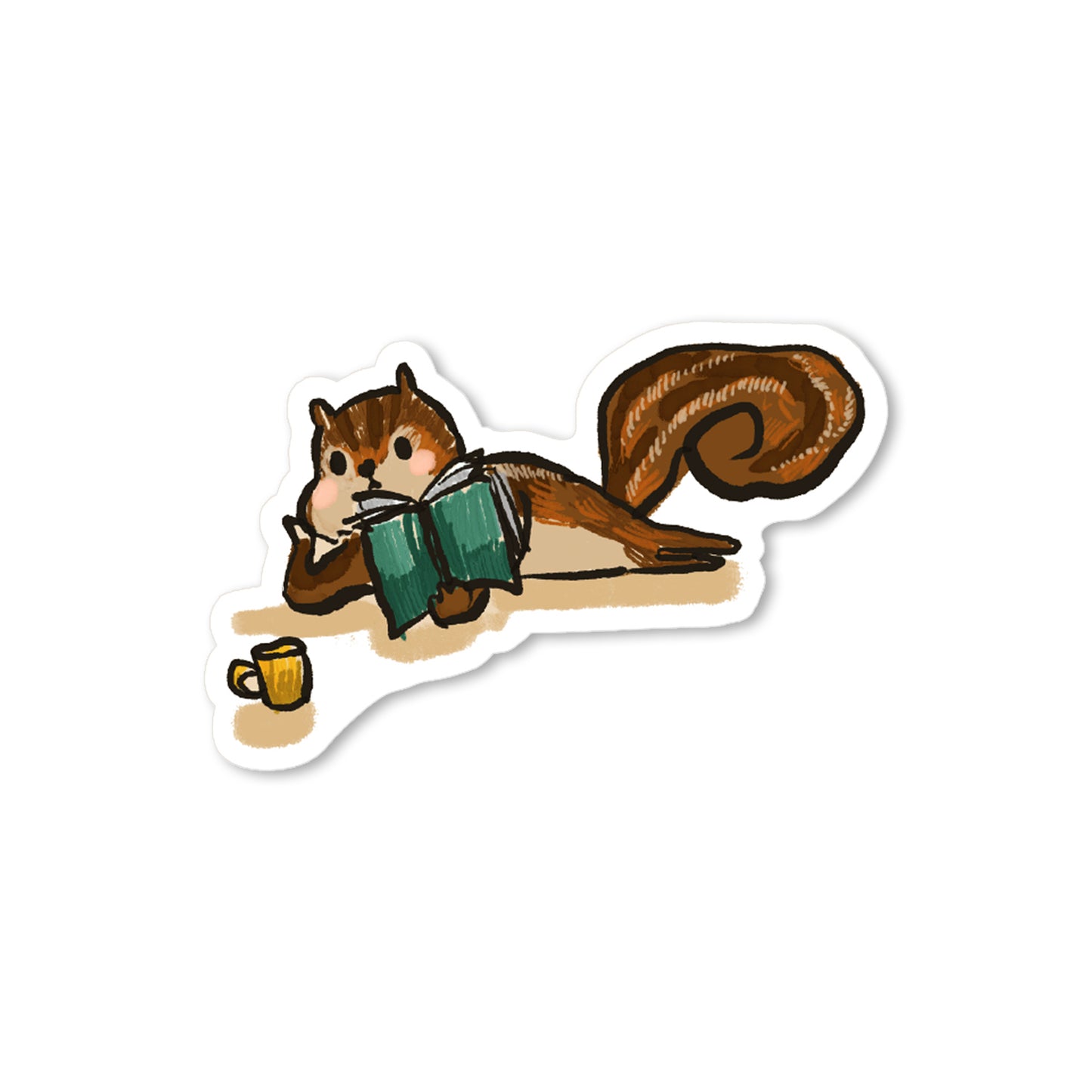 Reading chipmunk sticker with chipmunk holding open book and coffee cup, cozy woodland illustration