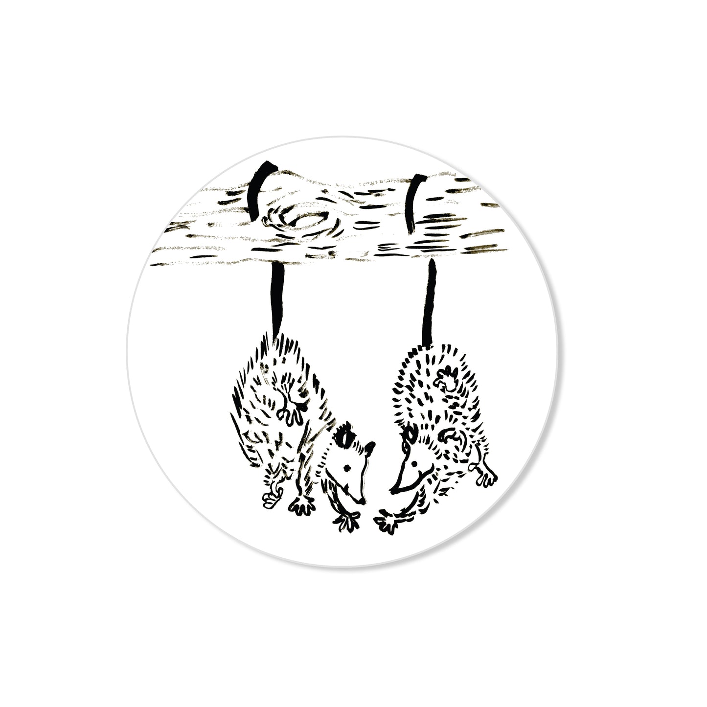 Opossum friends sticker with two opossums hanging by tails from branch, hand-drawn circle illustration