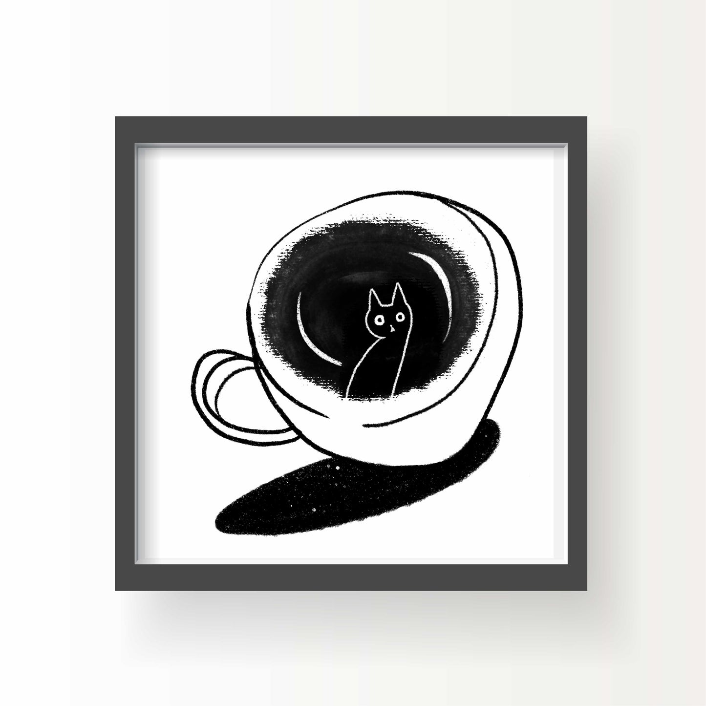 Minimal black and white illustration of a cat floating in a coffee cup, 8x8 art print by Miss Johnny Squirrel