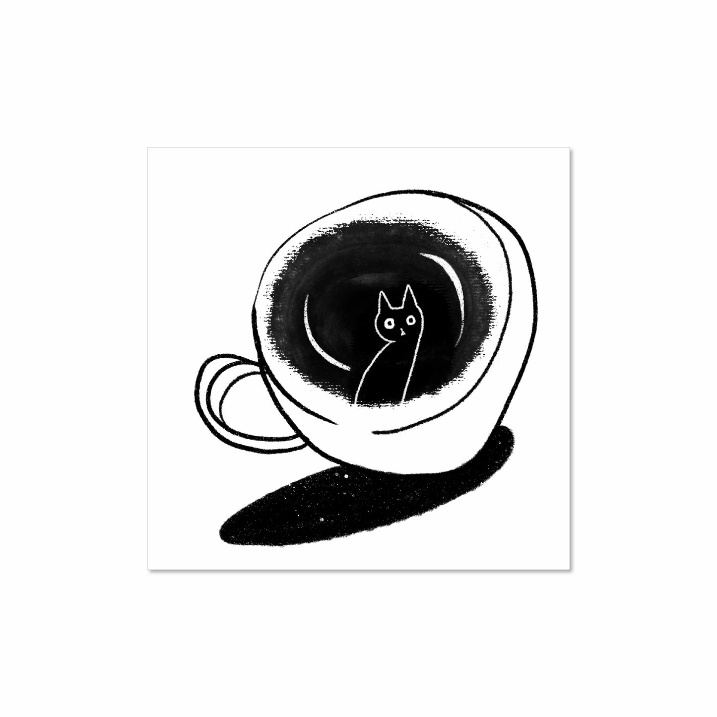 Minimal black and white illustration of a cat floating in a coffee cup, 8x8 art print by Miss Johnny Squirrel