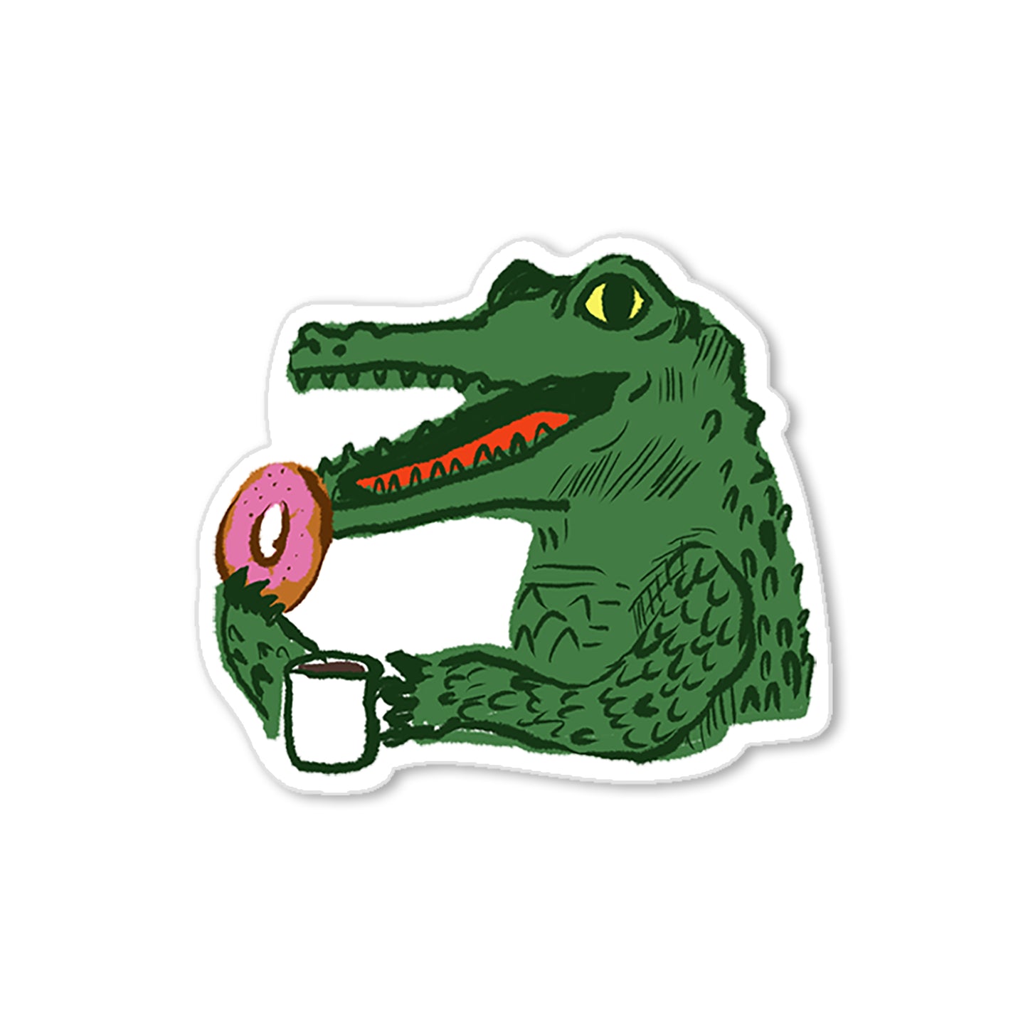 Coffee and donut gator sticker with green alligator holding mug and pink donut, humorous hand-drawn illustration