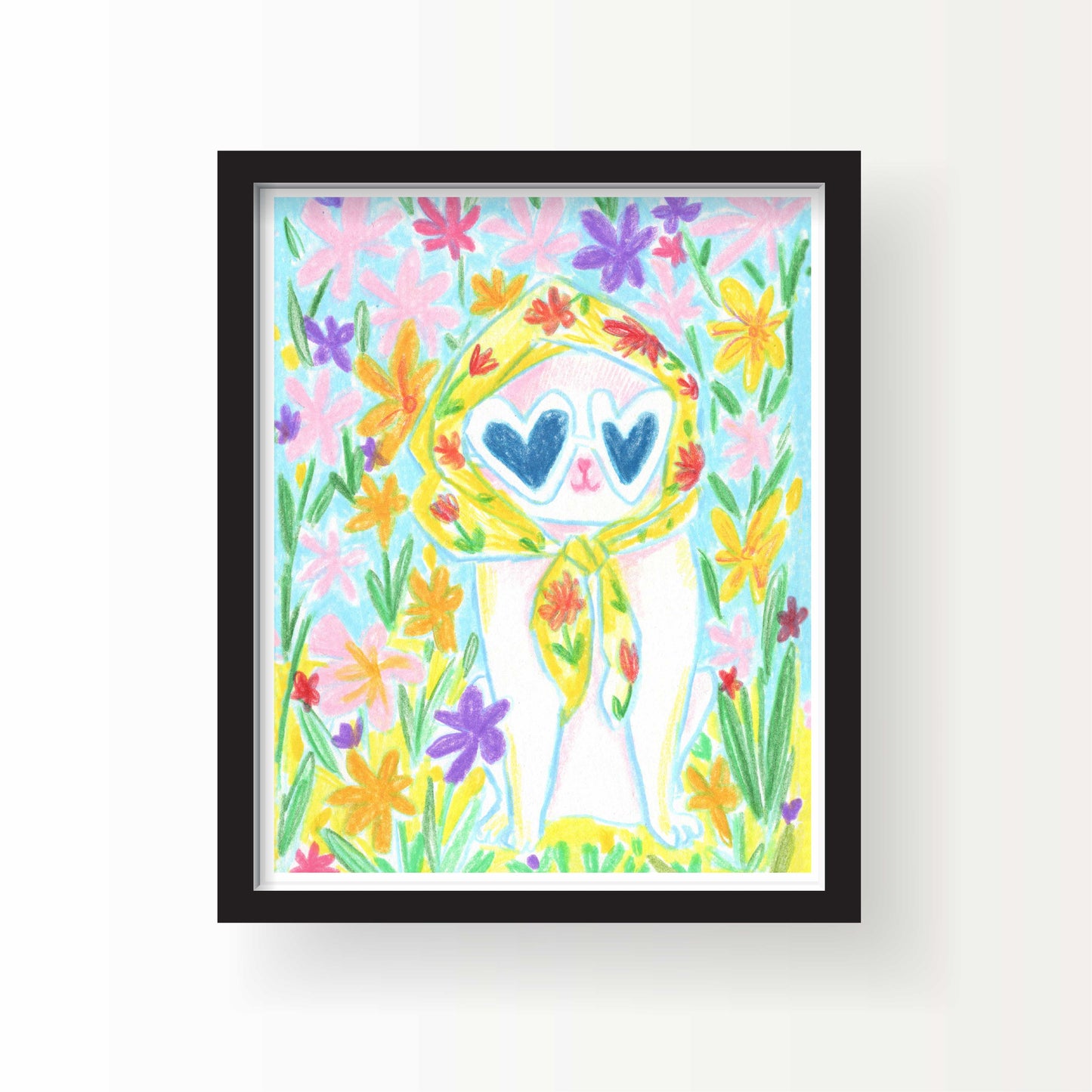 Colorful drawing of a white cat wearing heart sunglasses and a yellow floral scarf, surrounded by bright pastel flowers, 8x10 art print
