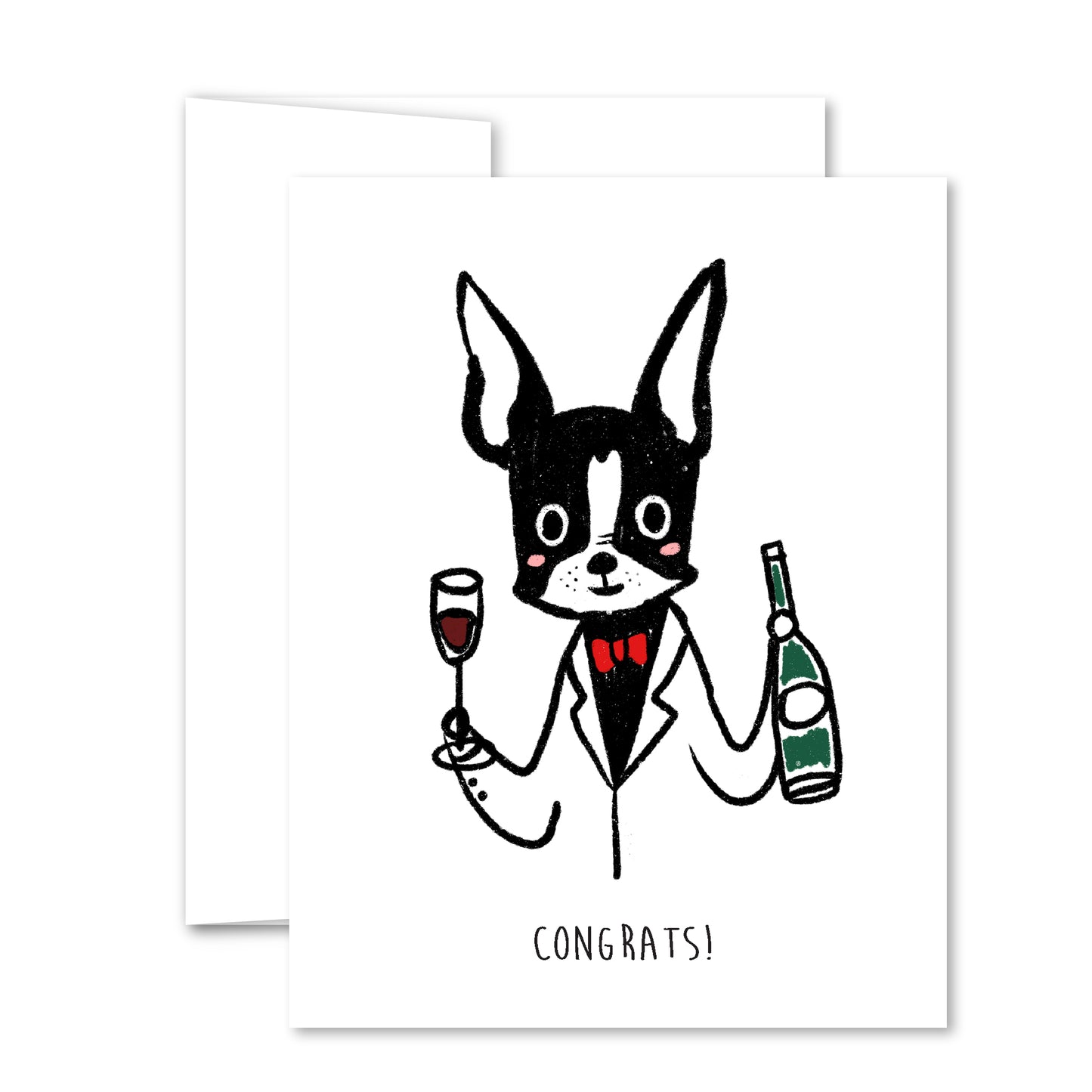 Illustrated dog in tuxedo with wine glass and champagne bottle, “Congrats!” greeting card for celebrations and milestones