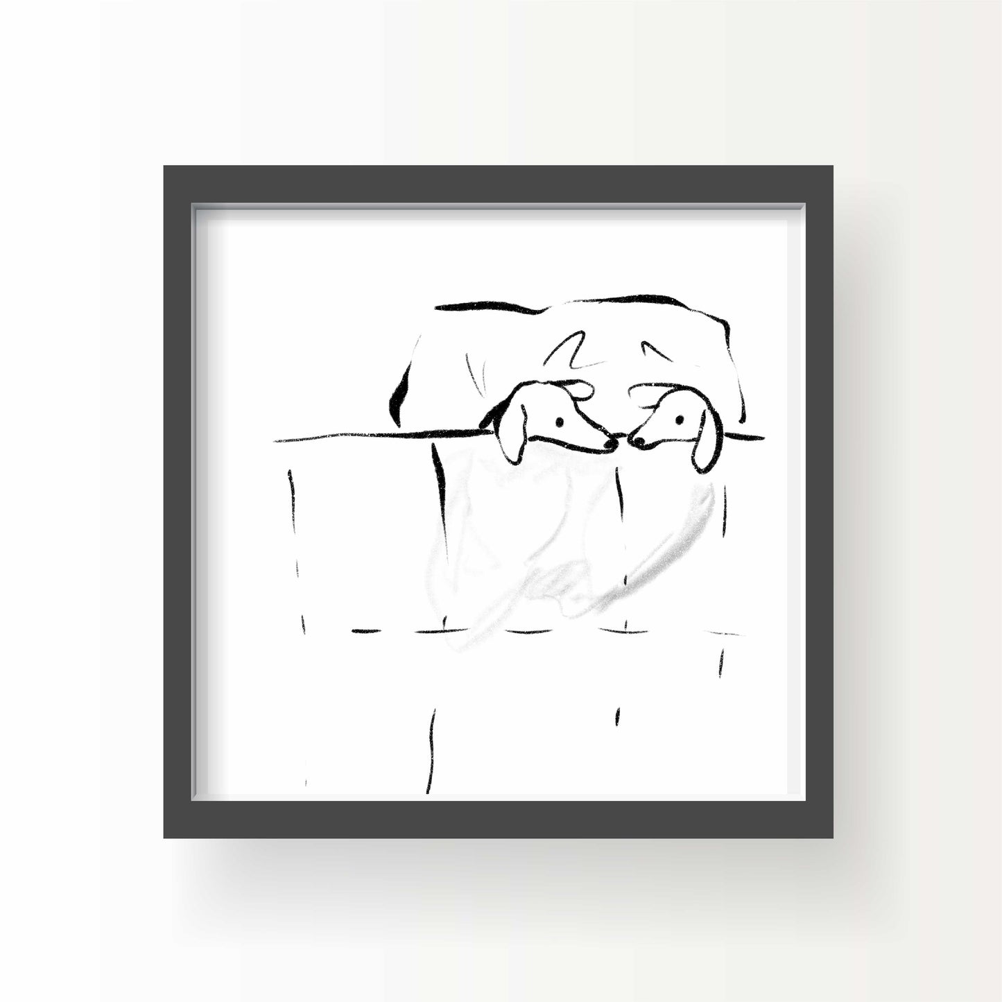 Minimalist black and white illustration of two greyhounds lying under a blanket, peeking over the edge of a bed.