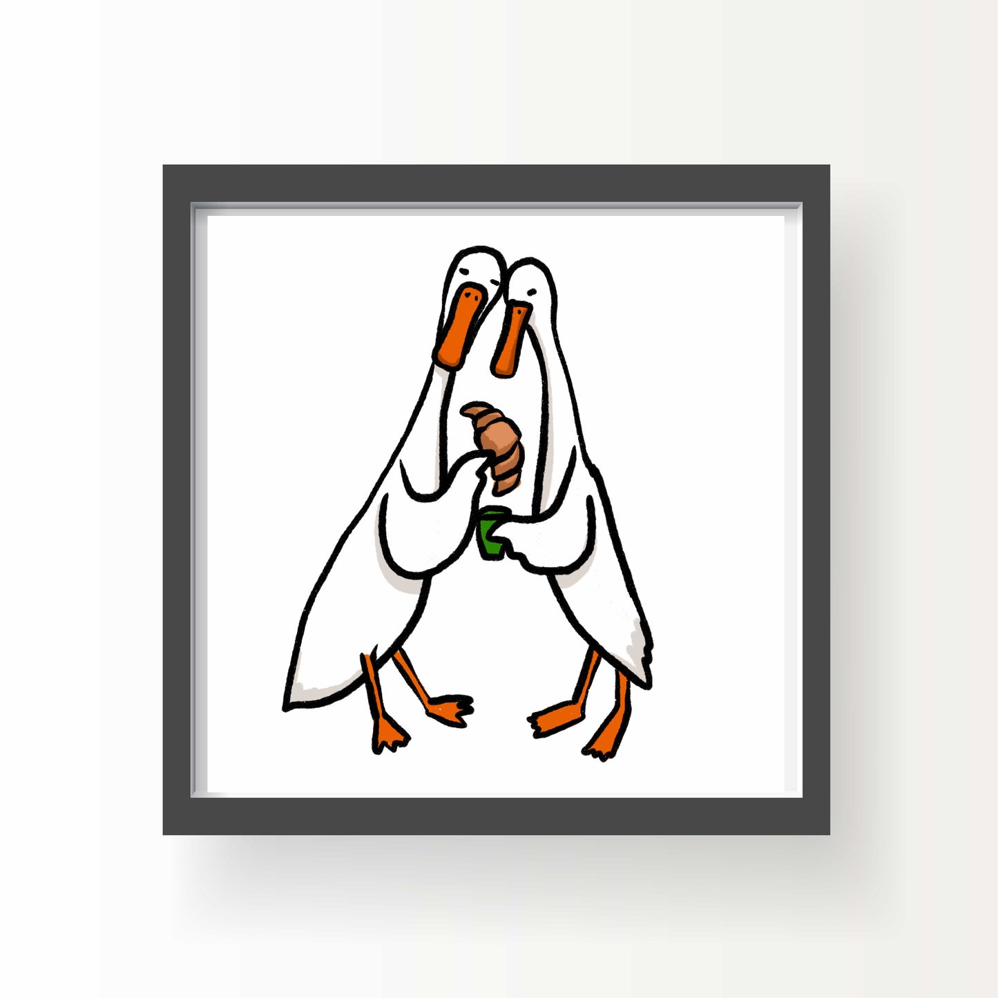 Illustrated ducks sharing a croissant, beak to beak, with one holding a green cup – sweet and quirky 8x8 art print by Miss Johnny Squirrel