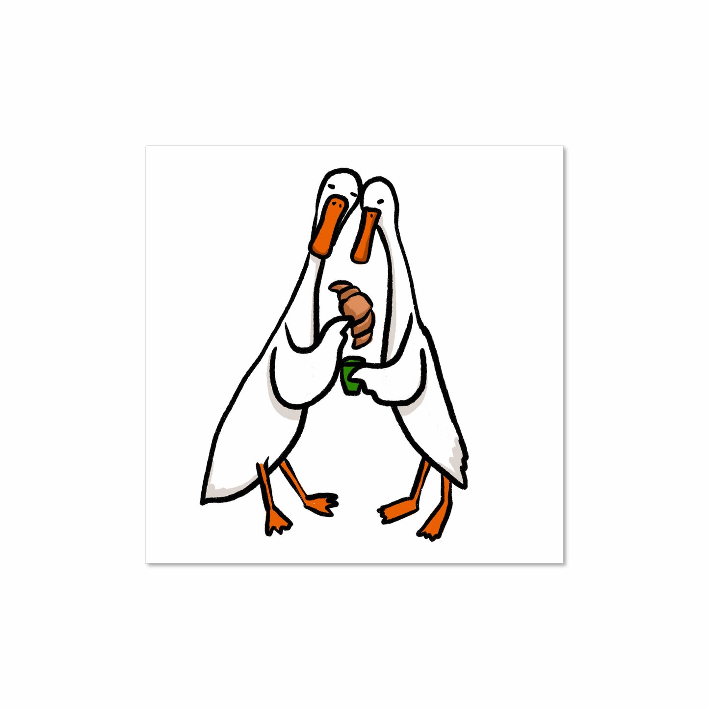 Illustrated ducks sharing a croissant, beak to beak, with one holding a green cup – sweet and quirky 8x8 art print by Miss Johnny Squirrel