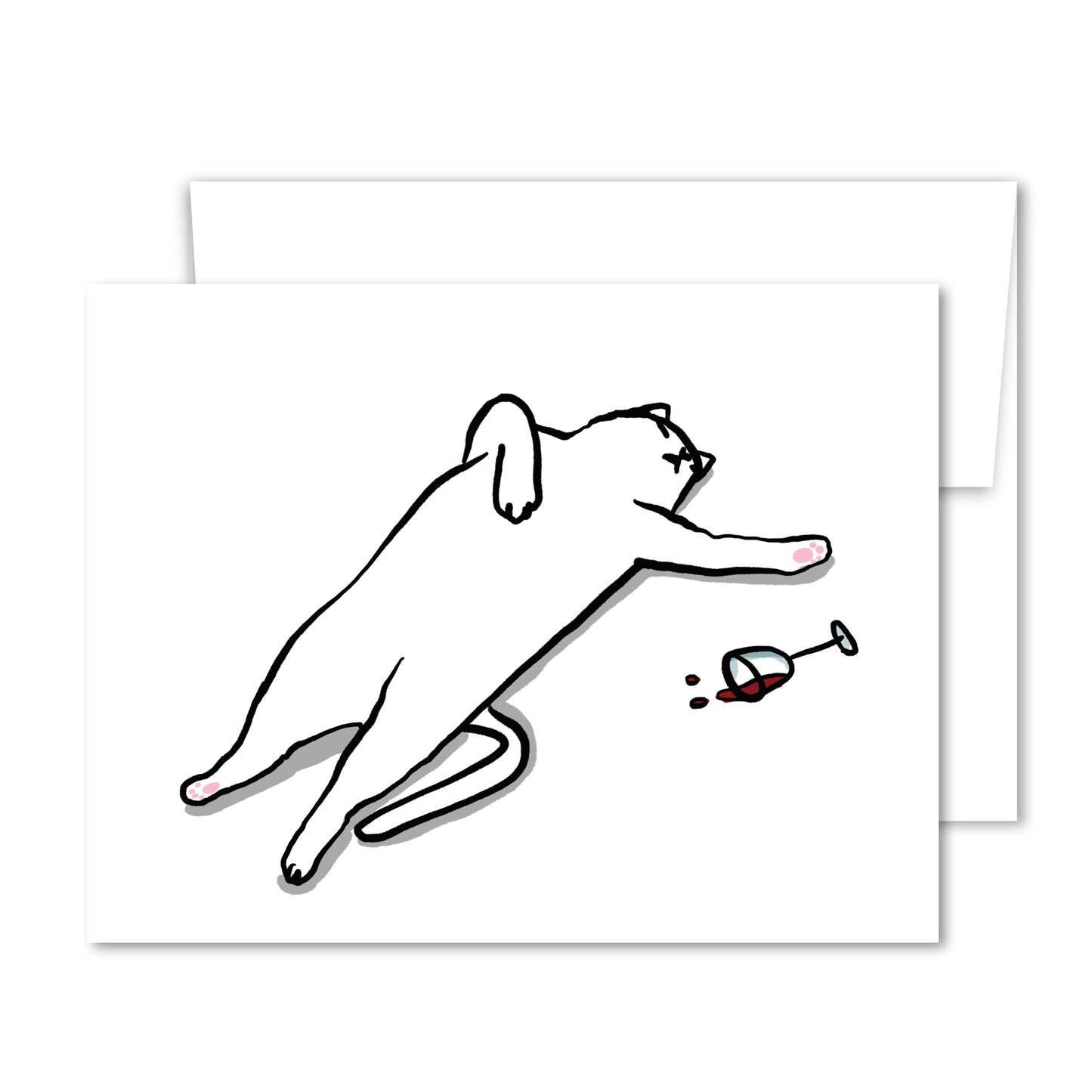 Illustration of a white cat lying on its back with a spilled wine glass, humorous greeting card design.