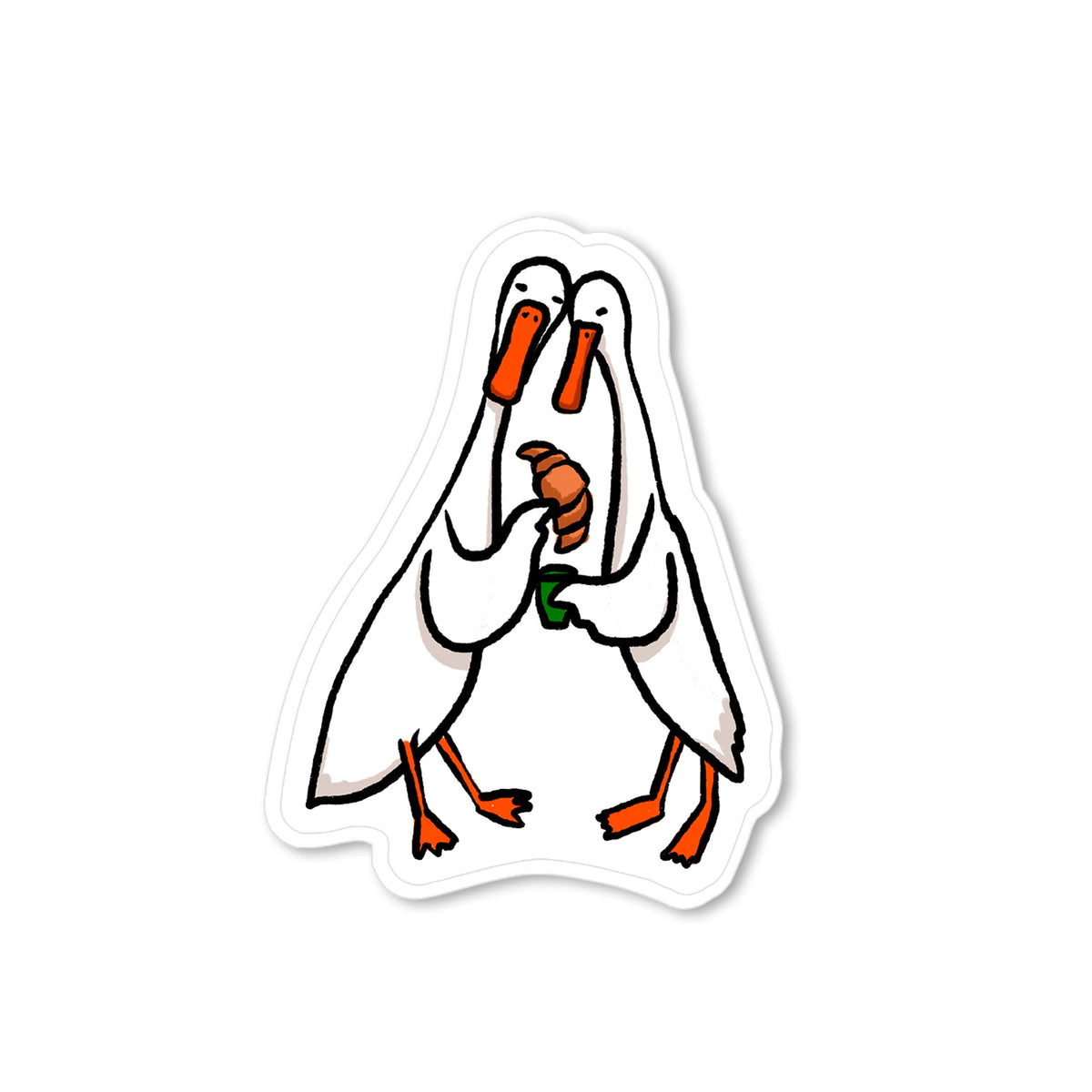 Hand-drawn duck friendship sticker with two white ducks sharing a croissant in a sweet, playful illustration.