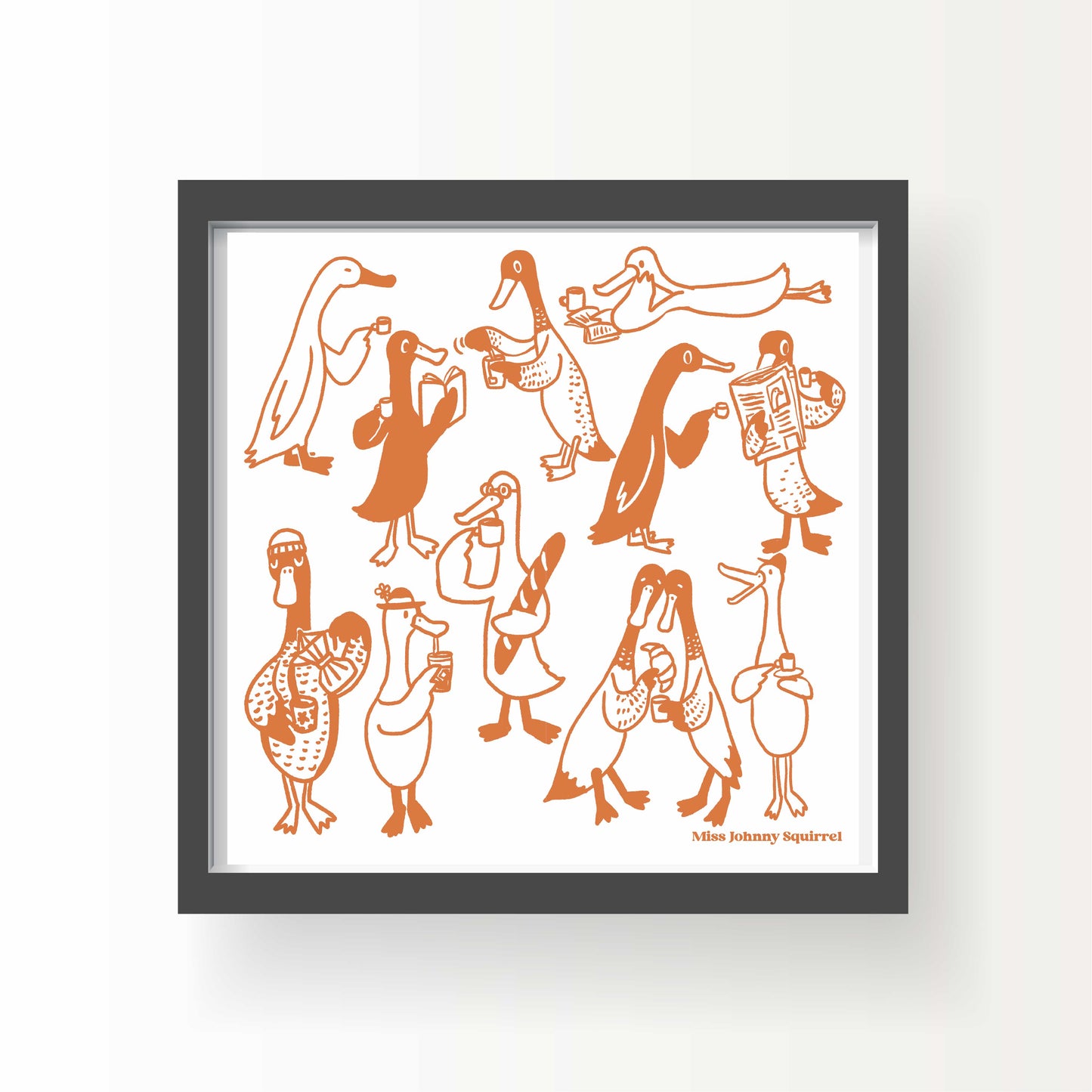 Illustrated ducks enjoying drinks, pastries, and newspapers in whimsical poses