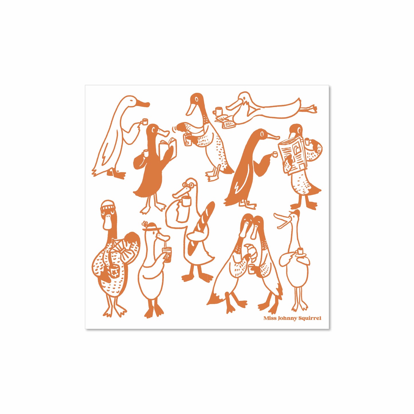 Illustrated ducks enjoying drinks, pastries, and newspapers in whimsical poses