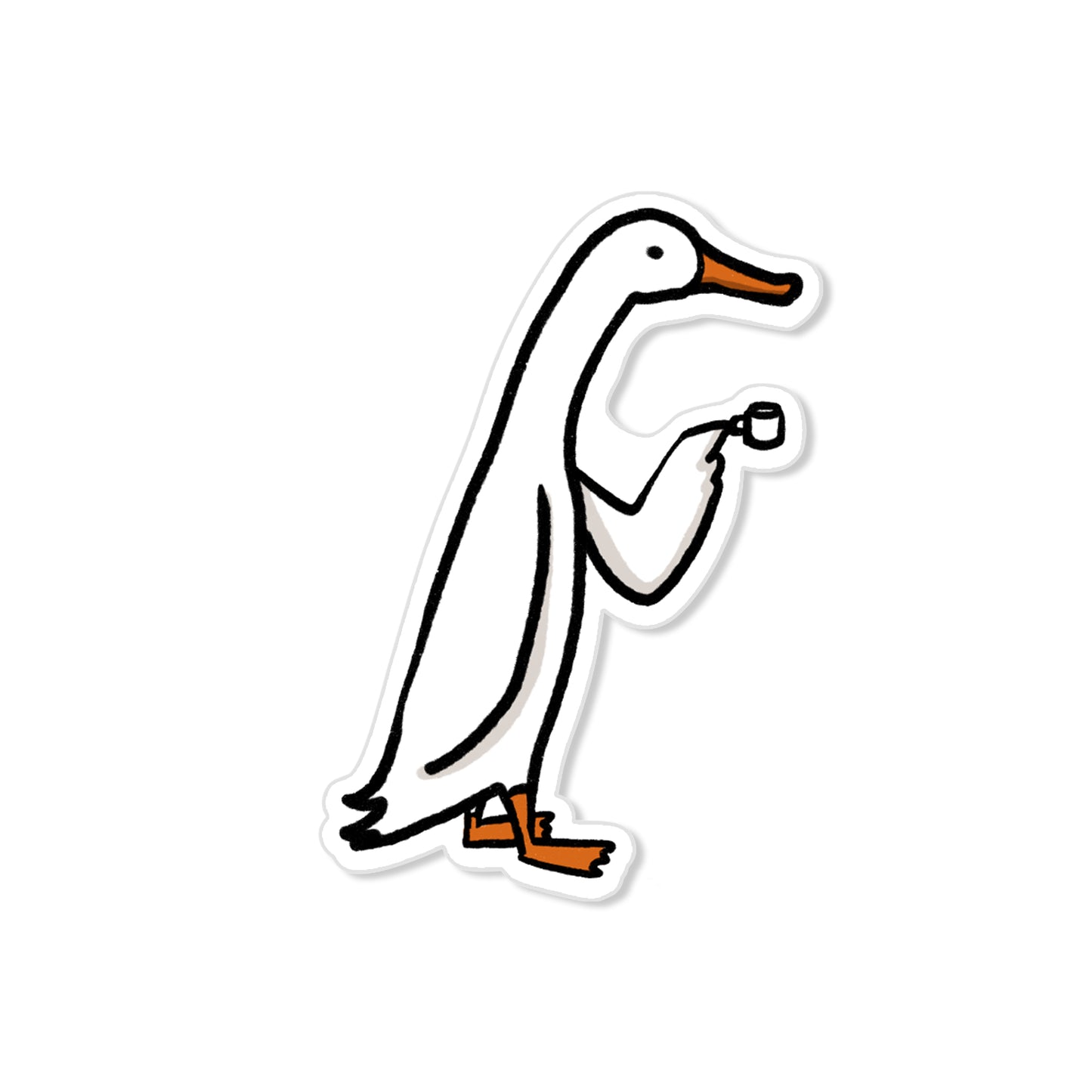Espresso duck sticker with white duck holding tiny coffee cup, humorous hand-drawn bird illustration