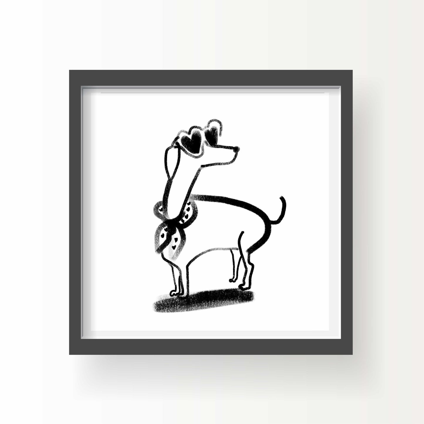 Black and white illustration of a small dog wearing heart-shaped sunglasses and scarf, drawn with loose lines and soft shading on a white background.