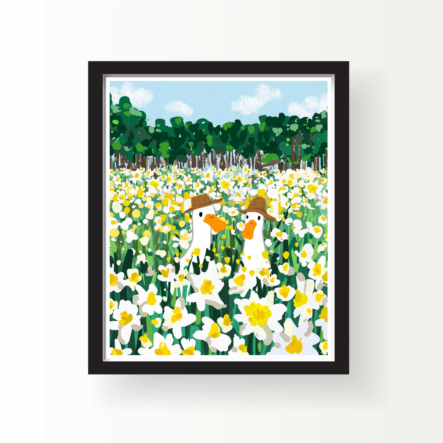 Illustrated art print of two ducks in sun hats standing in a large field of blooming daffodils with a forest and sky in the background, 8x10 by Miss Johnny Squirrel