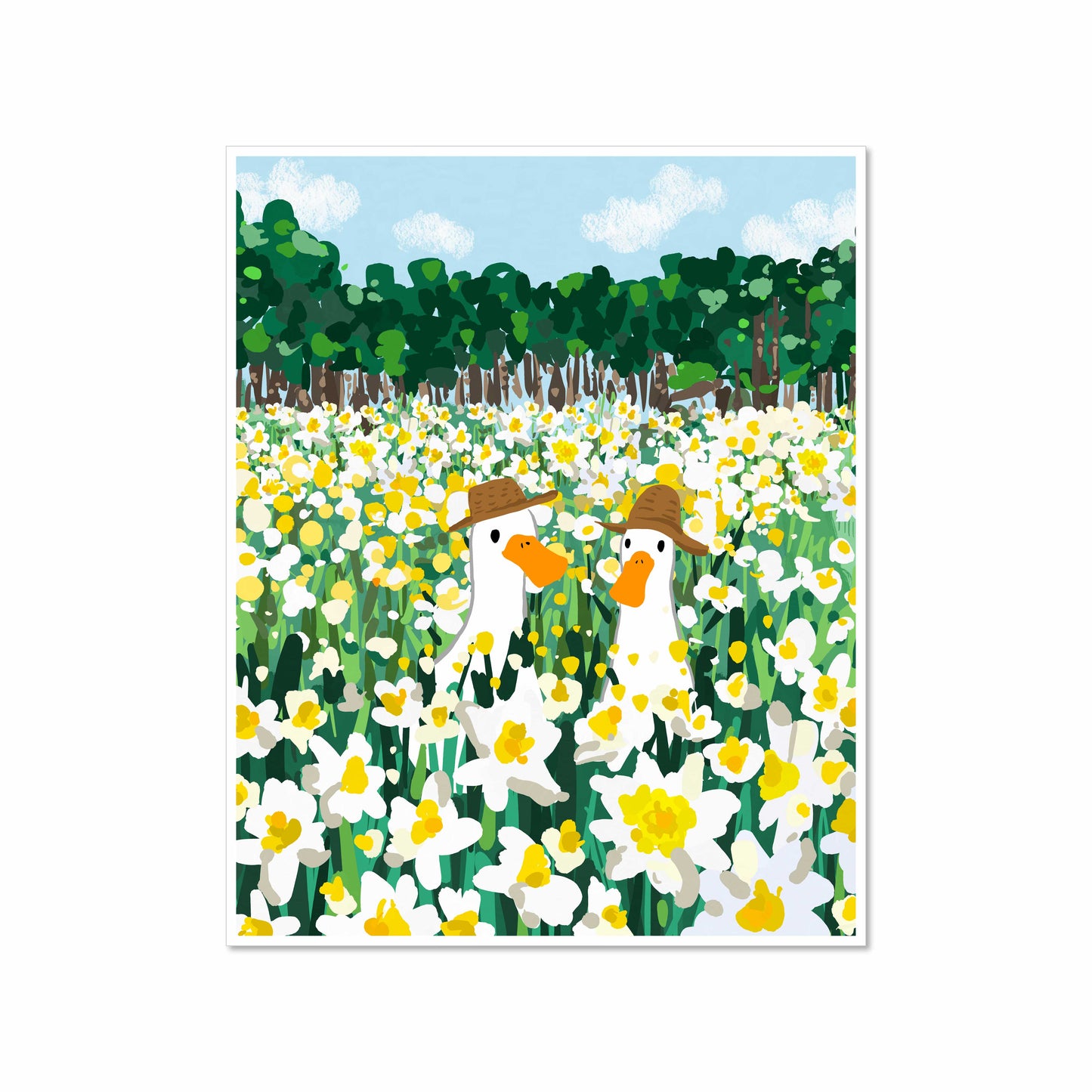 Illustrated art print of two ducks in sun hats standing in a large field of blooming daffodils with a forest and sky in the background, 8x10 by Miss Johnny Squirrel