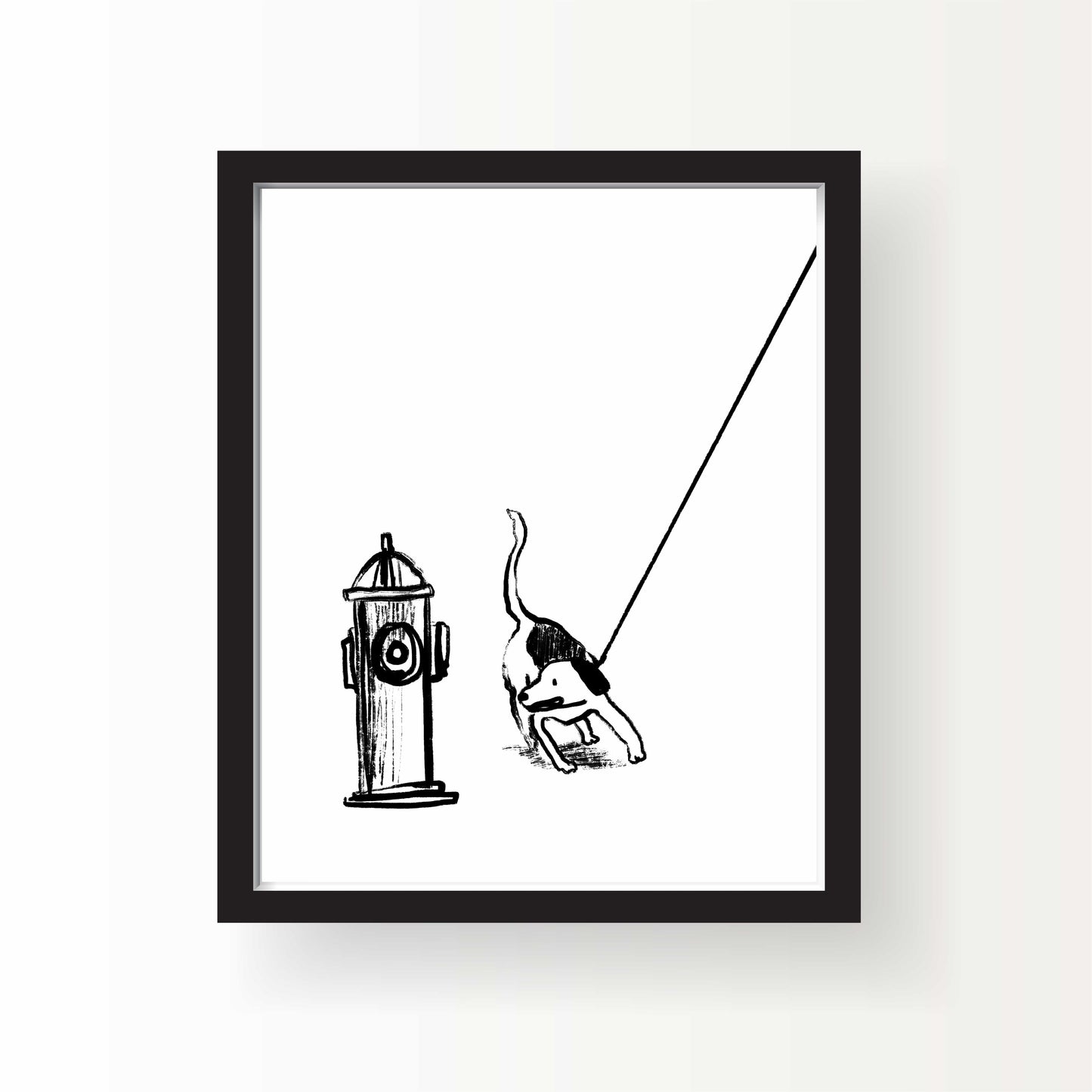 Black and white line drawing of a dog pulling on a leash toward a fire hydrant, 8x10 art print by Miss Johnny Squirrel