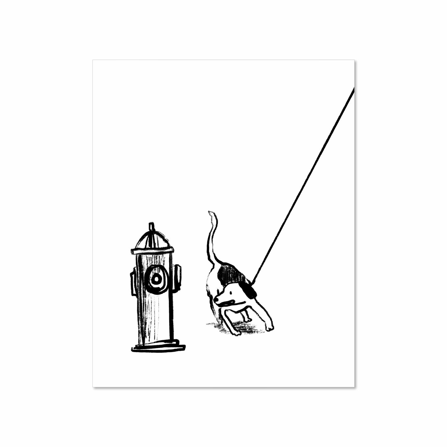 Black and white line drawing of a dog pulling on a leash toward a fire hydrant, 8x10 art print by Miss Johnny Squirrel