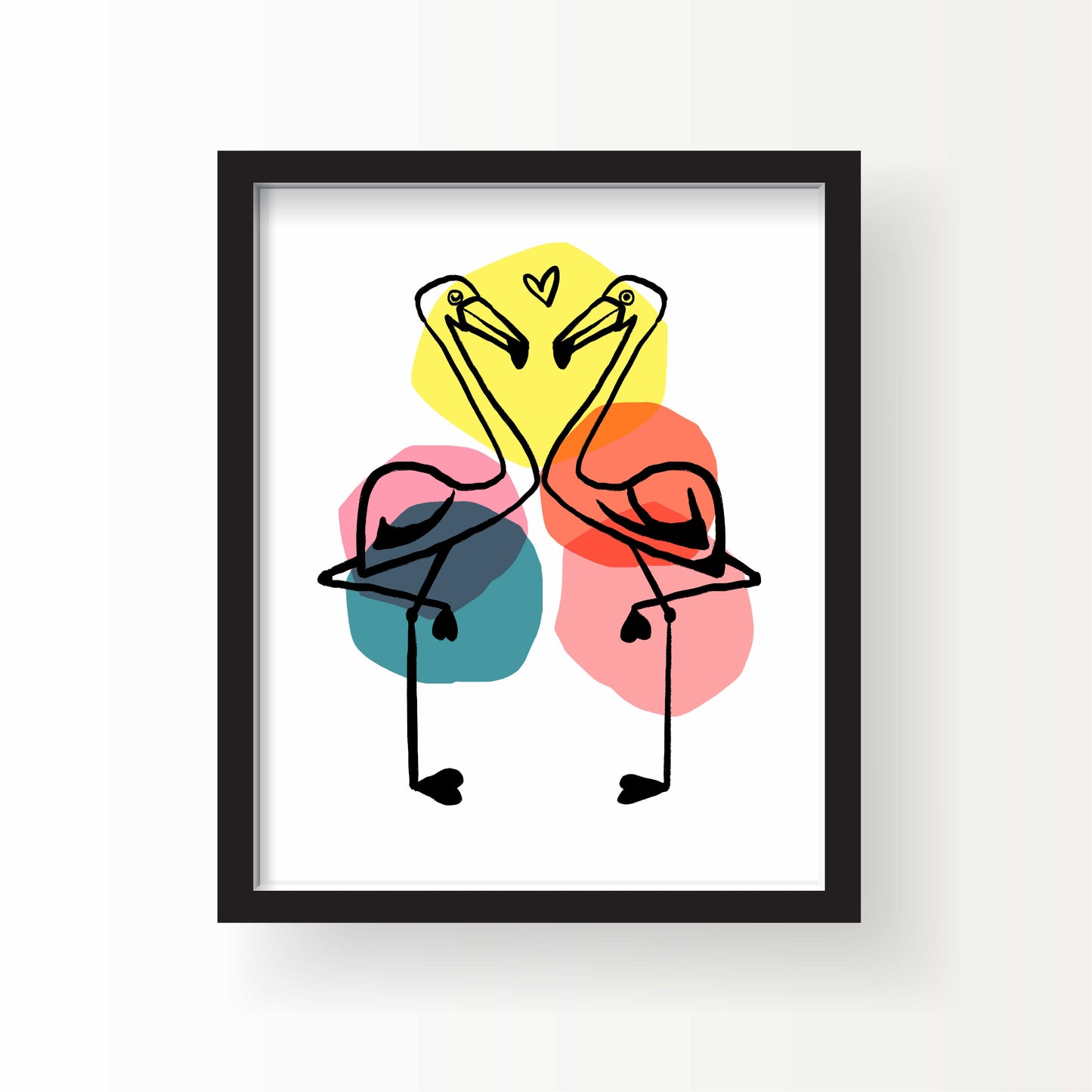 Illustration of two flamingos facing each other with a small heart between them, outlined in black over pastel circles of yellow, coral, pink, and teal.