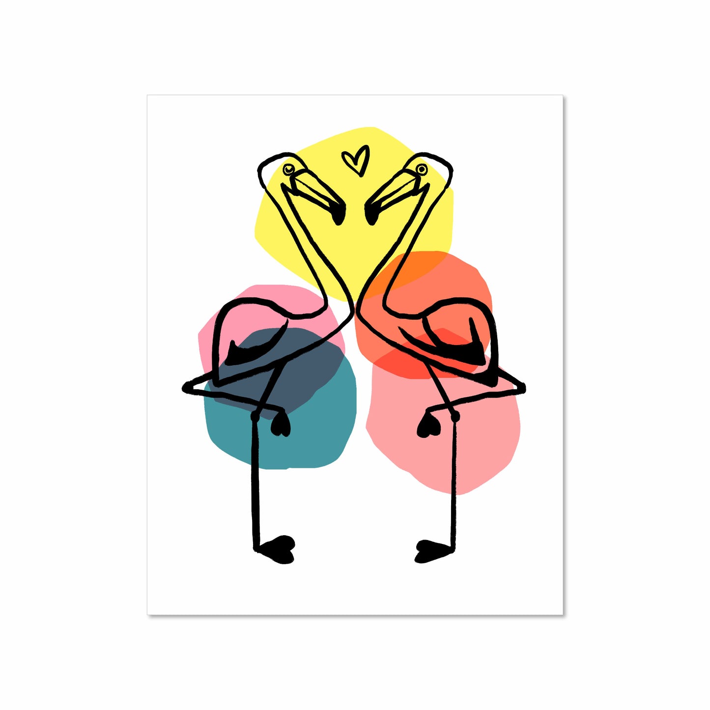 Illustration of two flamingos facing each other with a small heart between them, outlined in black over pastel circles of yellow, coral, pink, and teal.