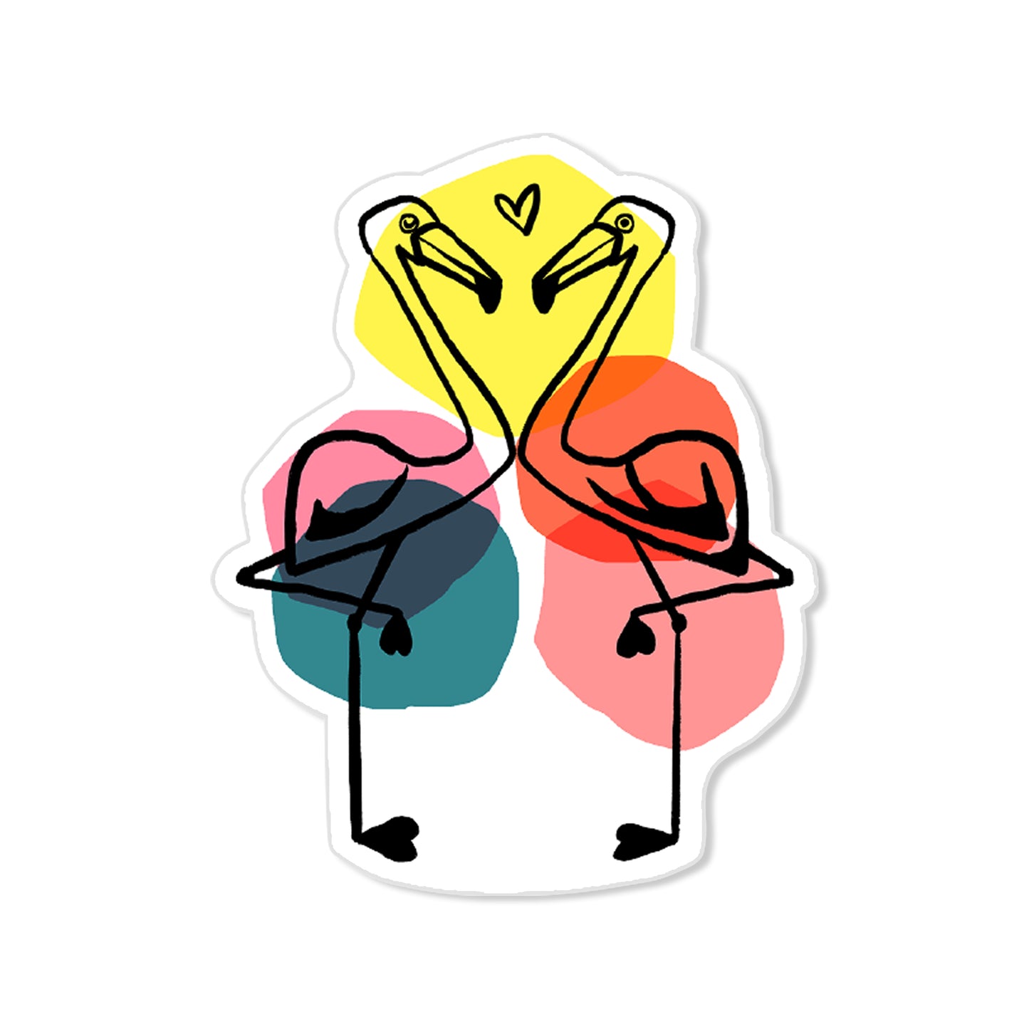 Flamingo dots sticker with two flamingos facing each other and colorful circles, hand-drawn love illustration