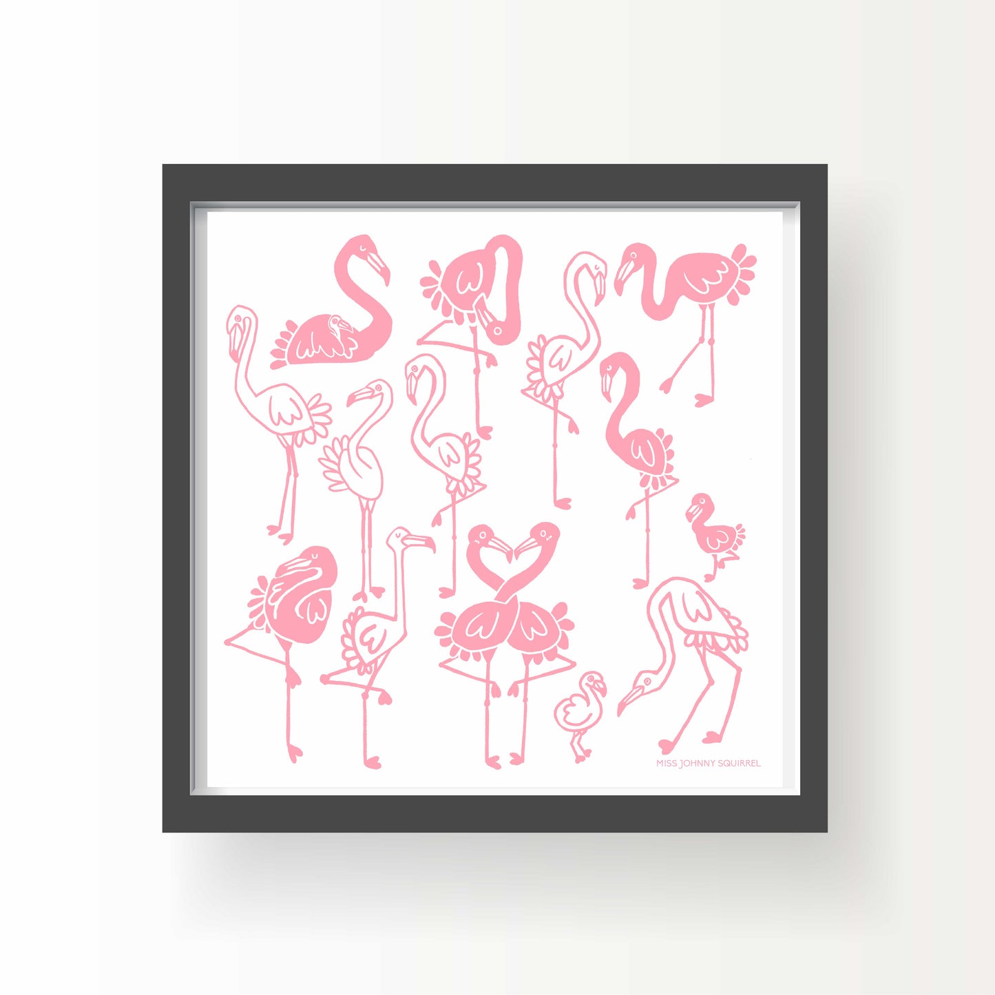 Whimsical pink flamingo illustration with a group of flamingos standing, sitting, and posing together – hand-drawn 8x8 art print by Miss Johnny Squirrel