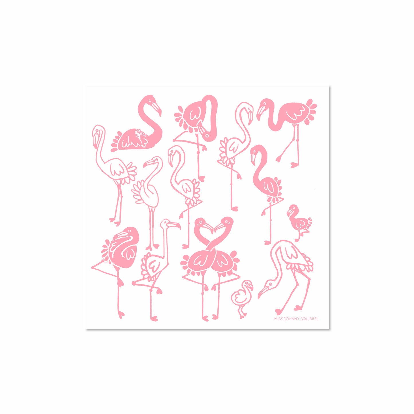 Whimsical pink flamingo illustration with a group of flamingos standing, sitting, and posing together – hand-drawn 8x8 art print by Miss Johnny Squirrel