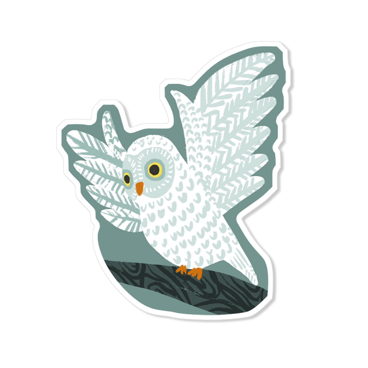 Flying owl sticker with wide patterned wings perched on branch, hand-drawn woodland bird illustration