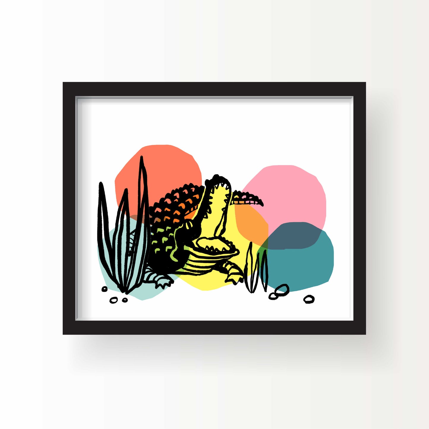 Illustration of an alligator lounging in grass with its mouth open, drawn in bold black lines over abstract pastel shapes on a white background.