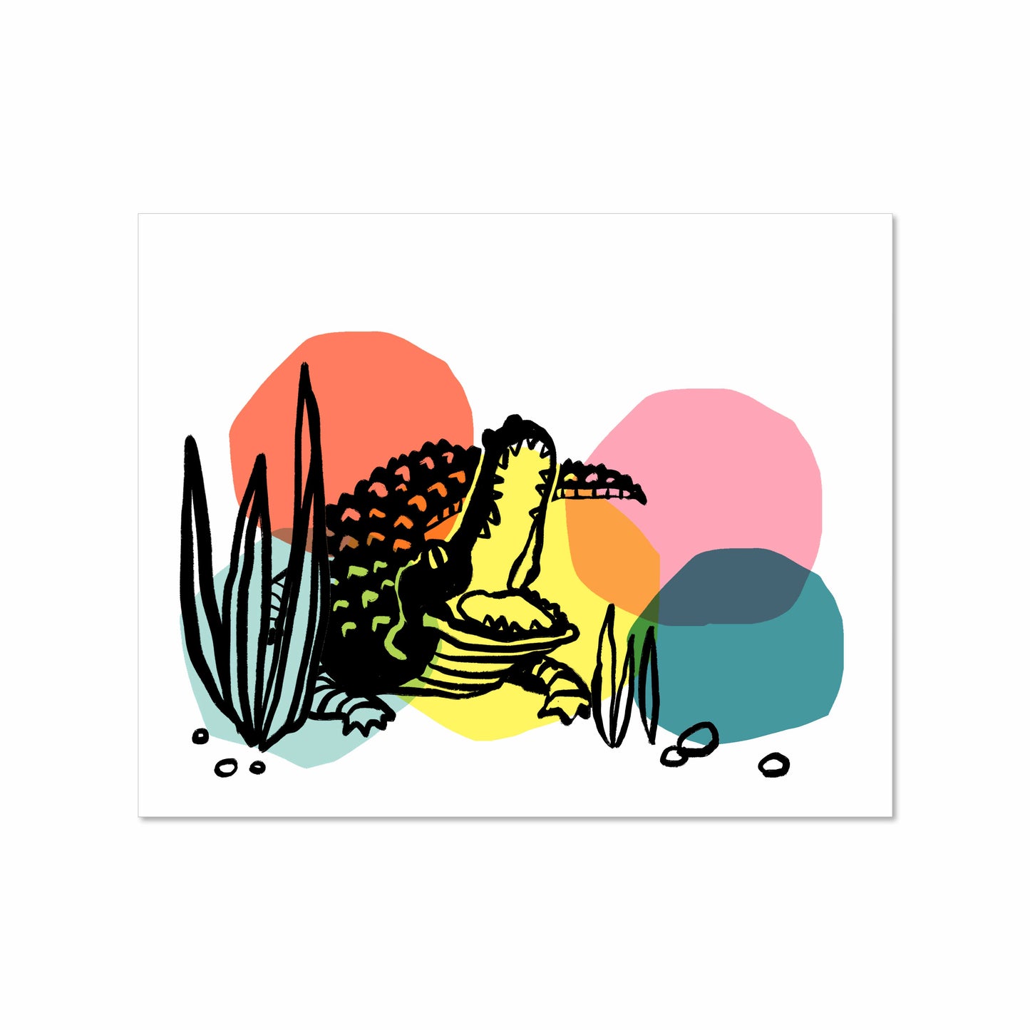 Illustration of an alligator lounging in grass with its mouth open, drawn in bold black lines over abstract pastel shapes on a white background.