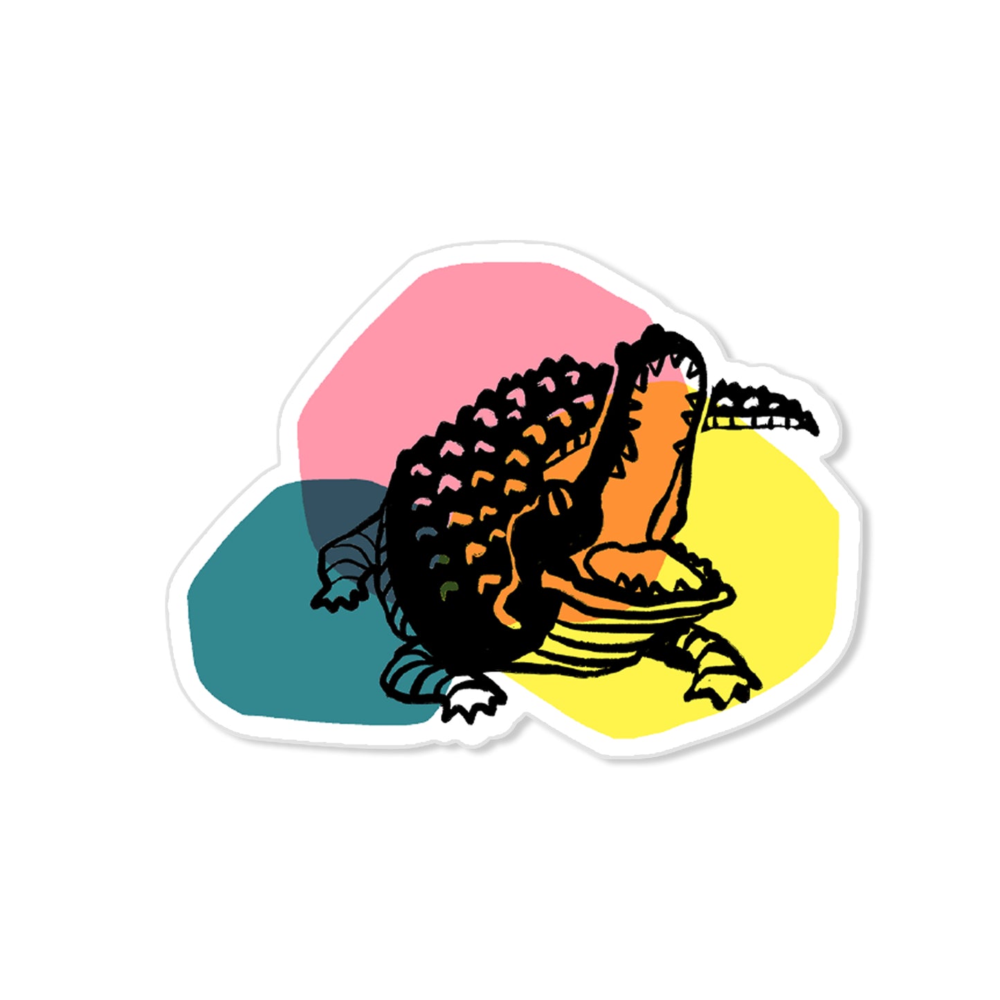 Whimsical alligator sticker with open jaws and colorful dots, hand-drawn illustration