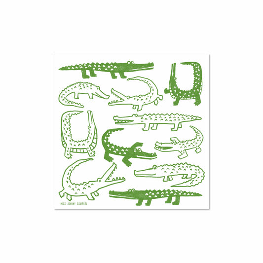 Illustration of playful green alligators in different poses, hand-drawn in a loose, sketchy style on a white background in an 8x8 format.