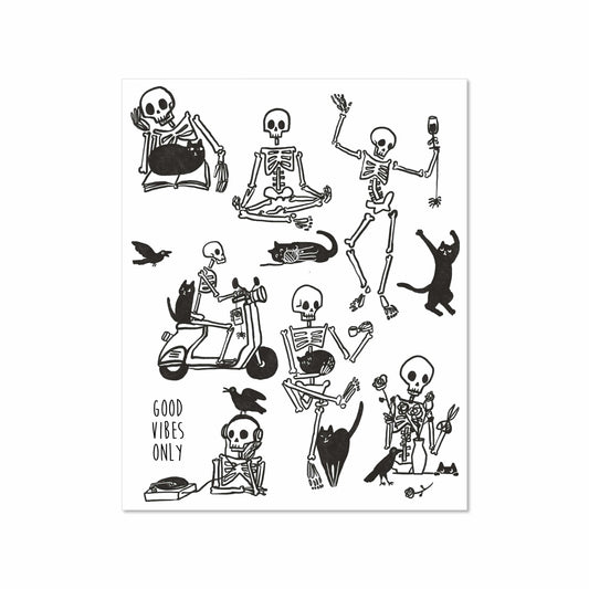 Black and white illustrated art print of skeletons and black cats doing playful activities with caption "Good Vibes Only", 8x10 by Miss Johnny Squirrel
