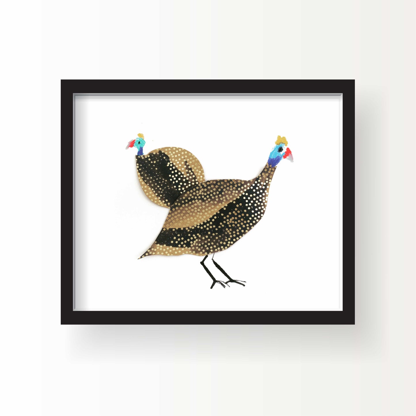 Illustration of two guinea fowl with golden brown and black spotted feathers, red and blue heads, and delicate crests, walking on a white background.