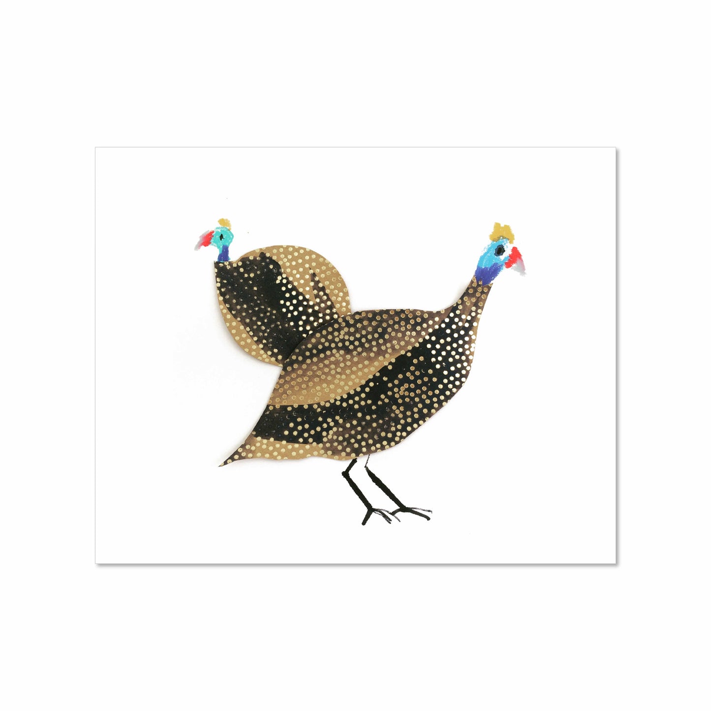 Illustration of two guinea fowl with golden brown and black spotted feathers, red and blue heads, and delicate crests, walking on a white background.