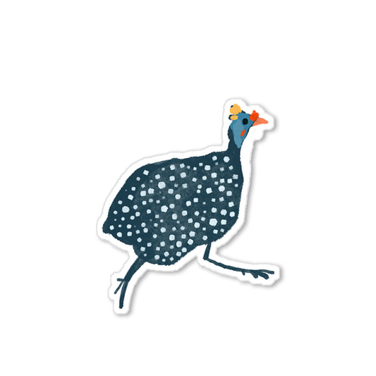 Illustrated guinea fowl sticker with white spots and bright accents, playful animal art by Miss Johnny Squirrel.