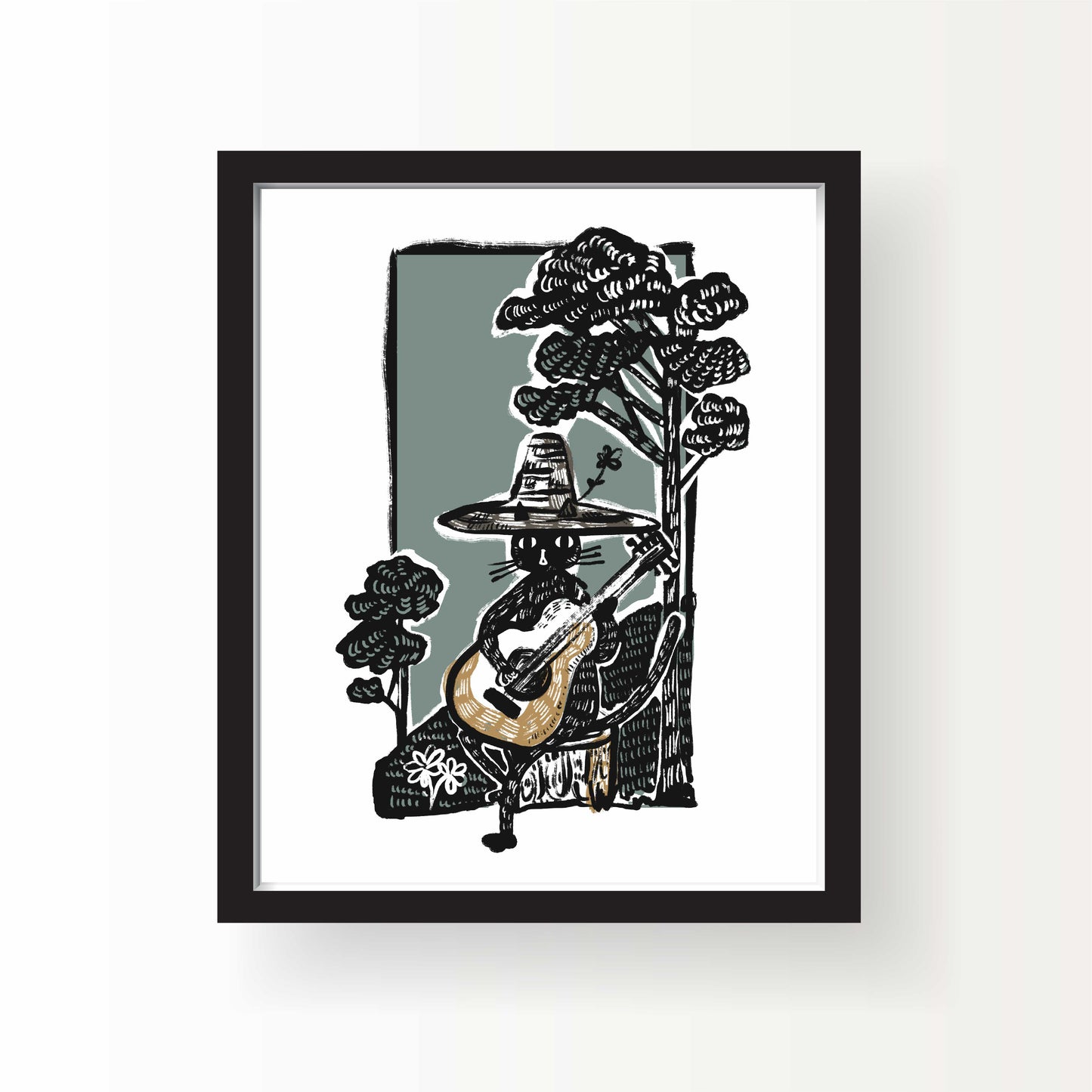 Illustration of a black cat in a wide-brimmed hat sitting under trees and playing a guitar, with bold linework and muted green and brown tones.
