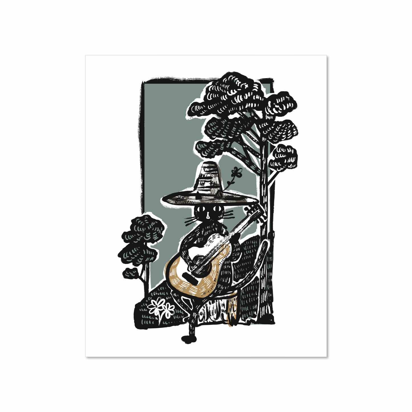 Illustration of a black cat in a wide-brimmed hat sitting under trees and playing a guitar, with bold linework and muted green and brown tones.