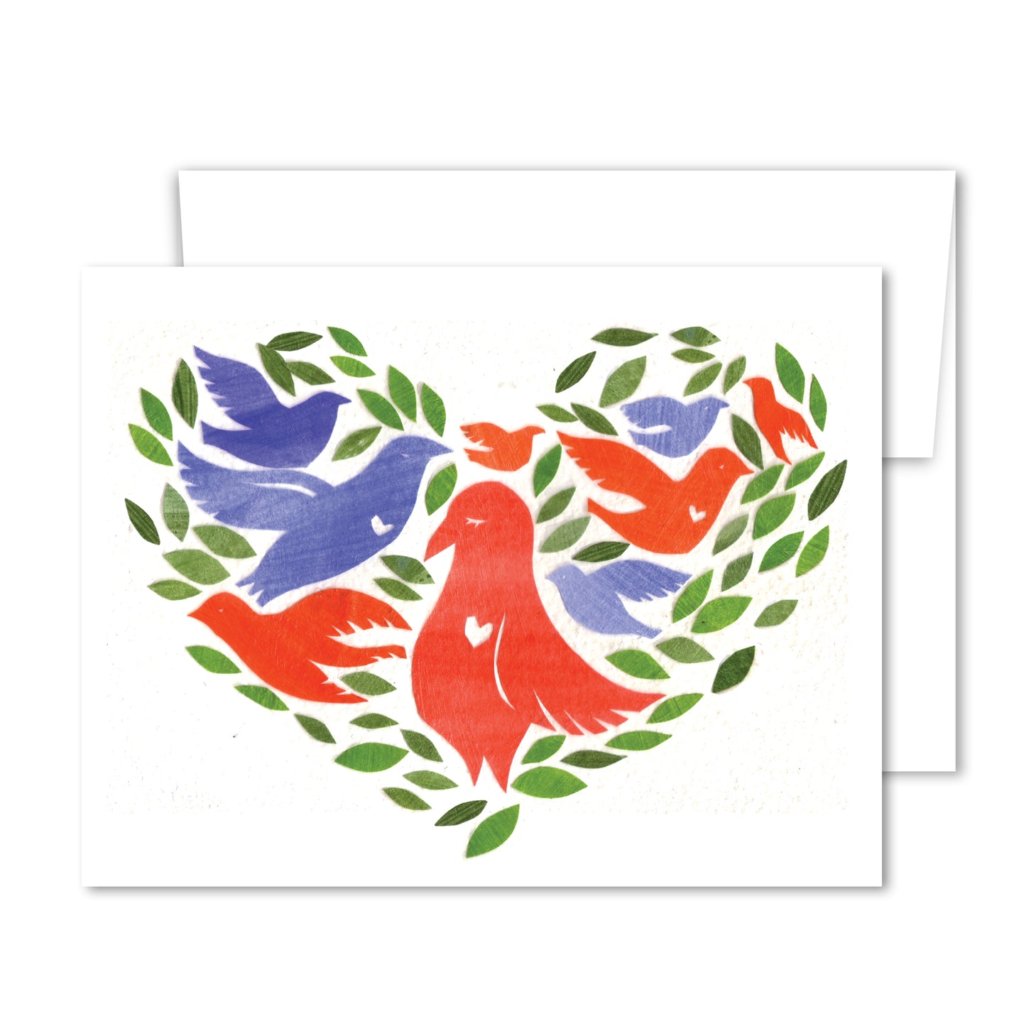 Greeting card with red and blue birds forming a heart shape, surrounded by green leaves in a hand-cut illustration style.
