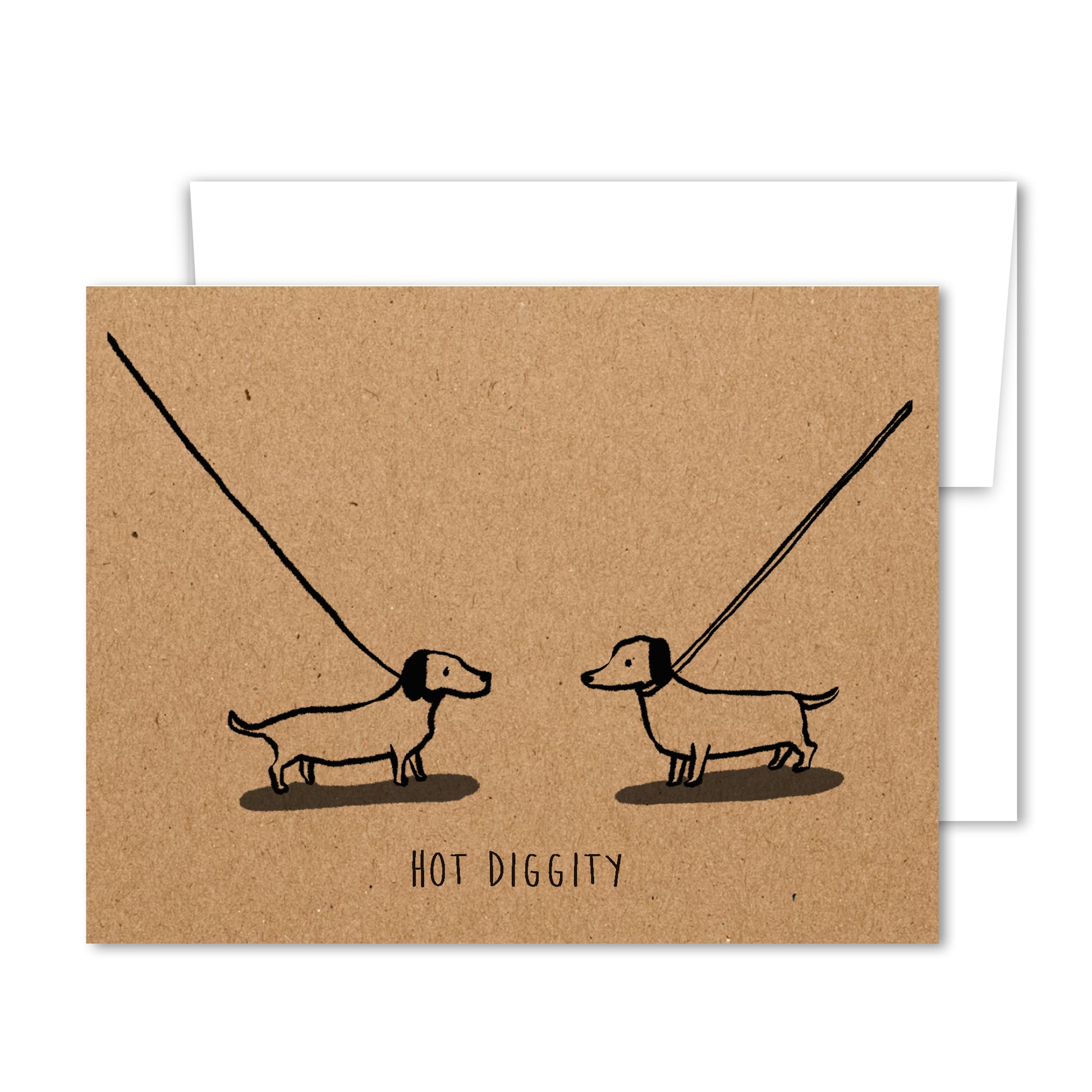 Whimsical dachshund greeting card with “Hot Diggity” text on kraft background.