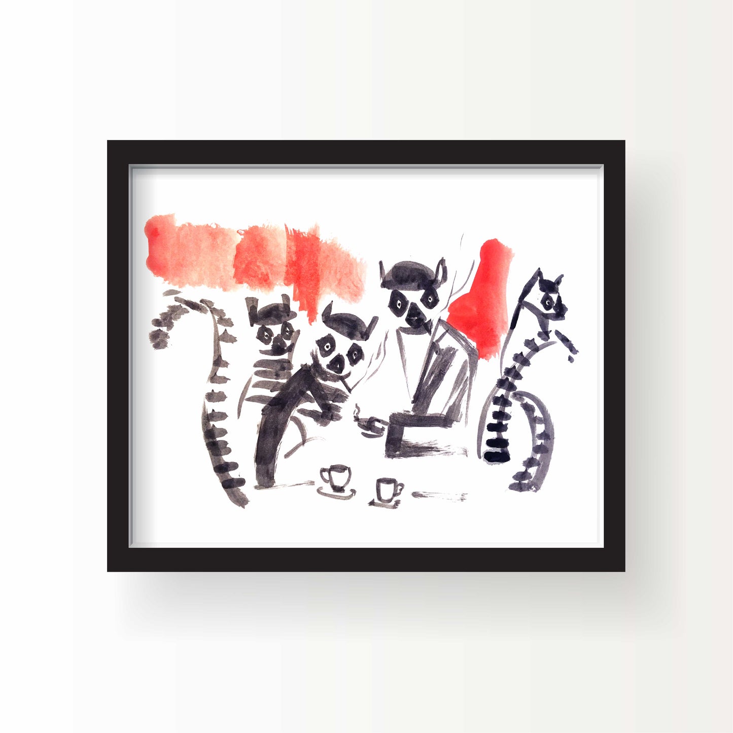 Illustration of lemurs in black ink gathered around a café table with coffee cups, featuring red watercolor accents and a slightly surreal, cinematic vibe.