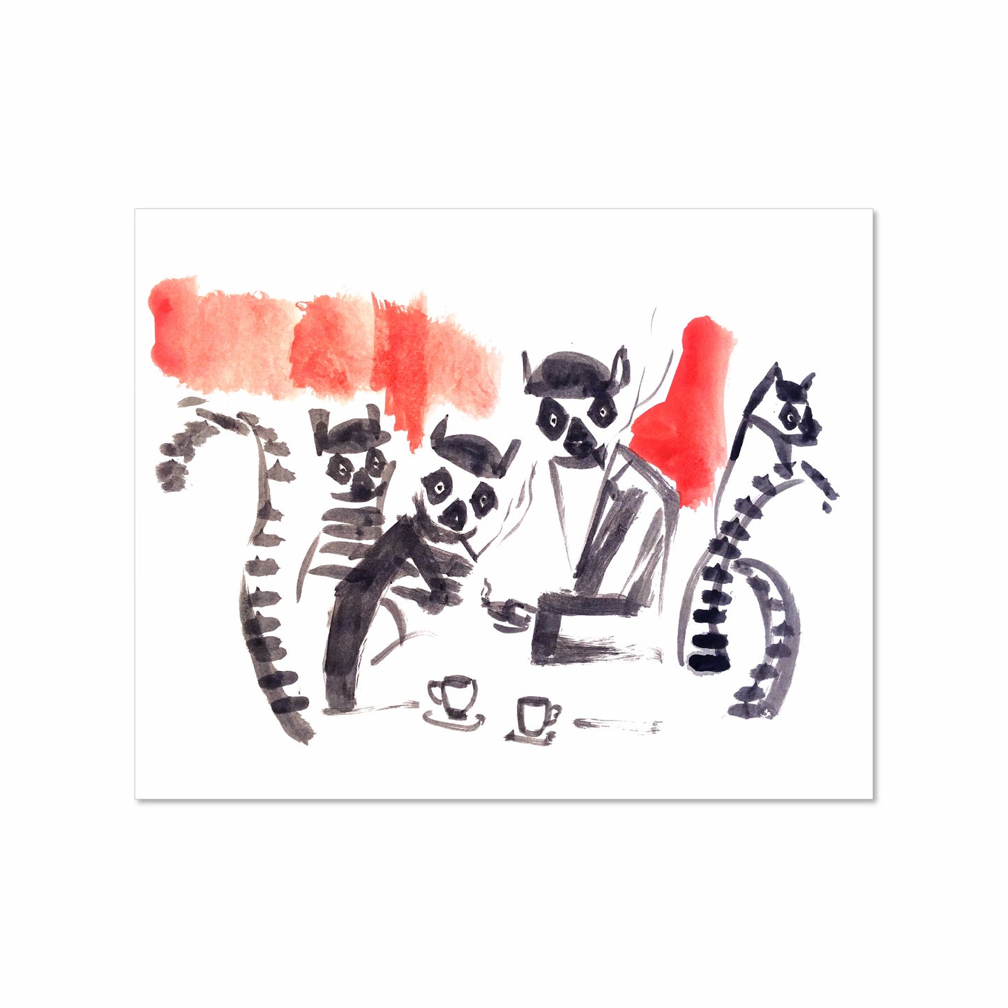 Illustration of lemurs in black ink gathered around a café table with coffee cups, featuring red watercolor accents and a slightly surreal, cinematic vibe.