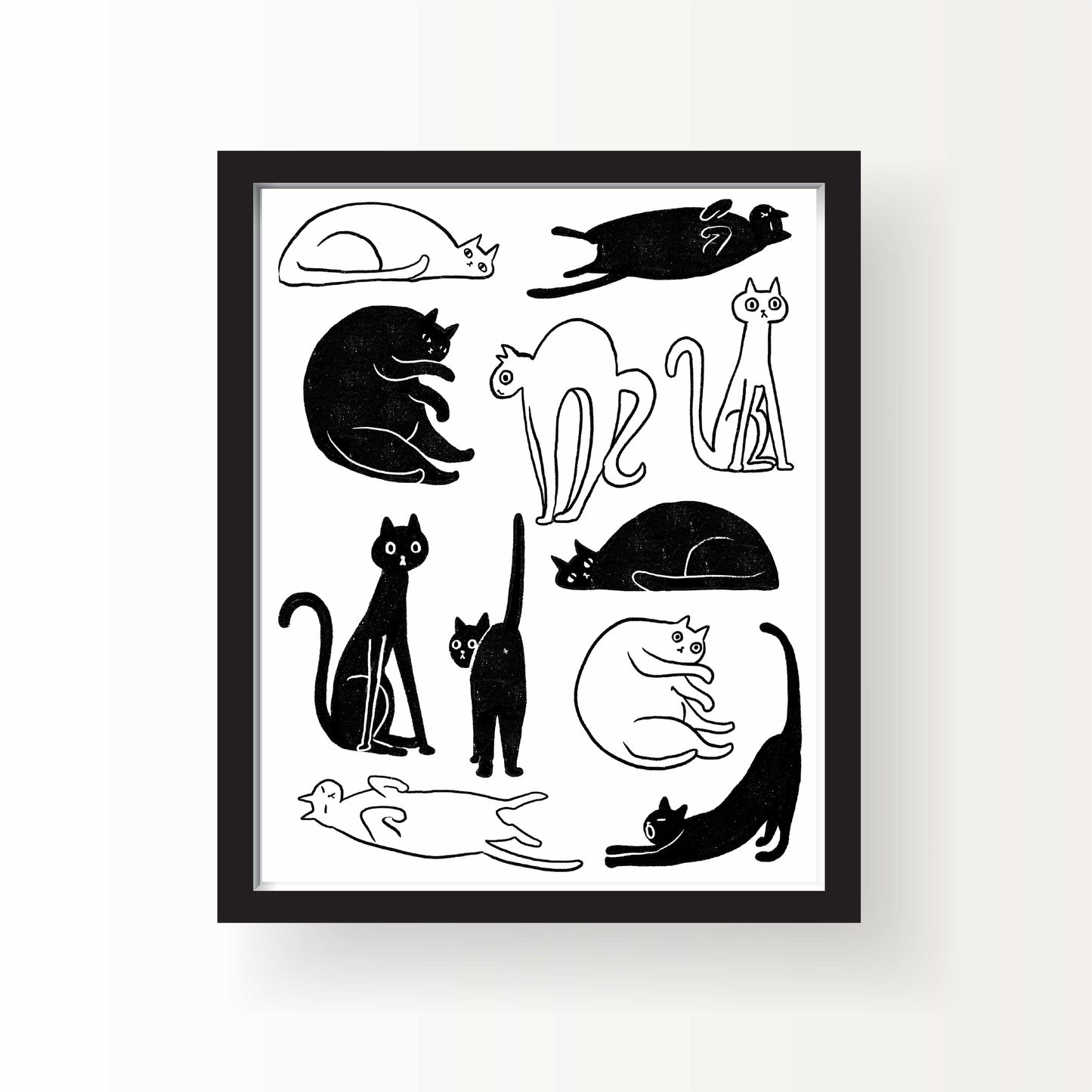 Black and white illustrated print featuring multiple lounging and stretching cats in various poses, 8x10 by Miss Johnny Squirrel