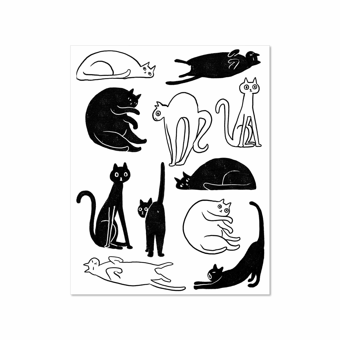 Black and white illustrated print featuring multiple lounging and stretching cats in various poses, 8x10 by Miss Johnny Squirrel