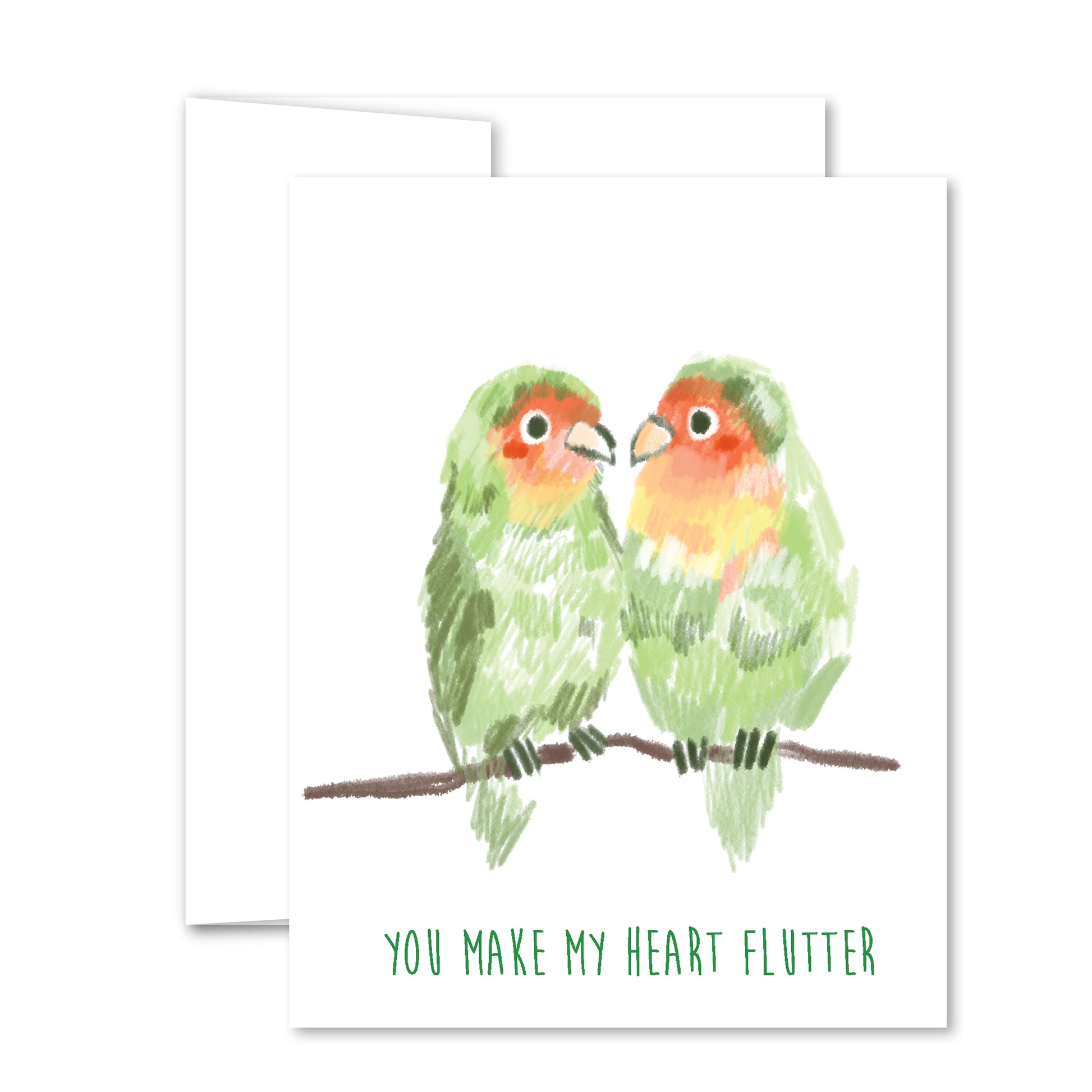 Lovebird romance greeting card with illustrated pair of lovebirds and “You make my heart flutter” text.