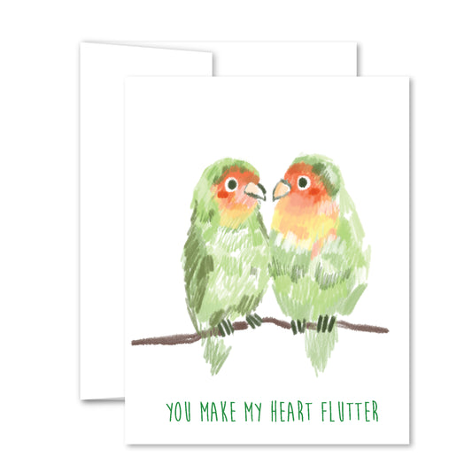 Lovebird romance greeting card with illustrated pair of lovebirds and “You make my heart flutter” text.